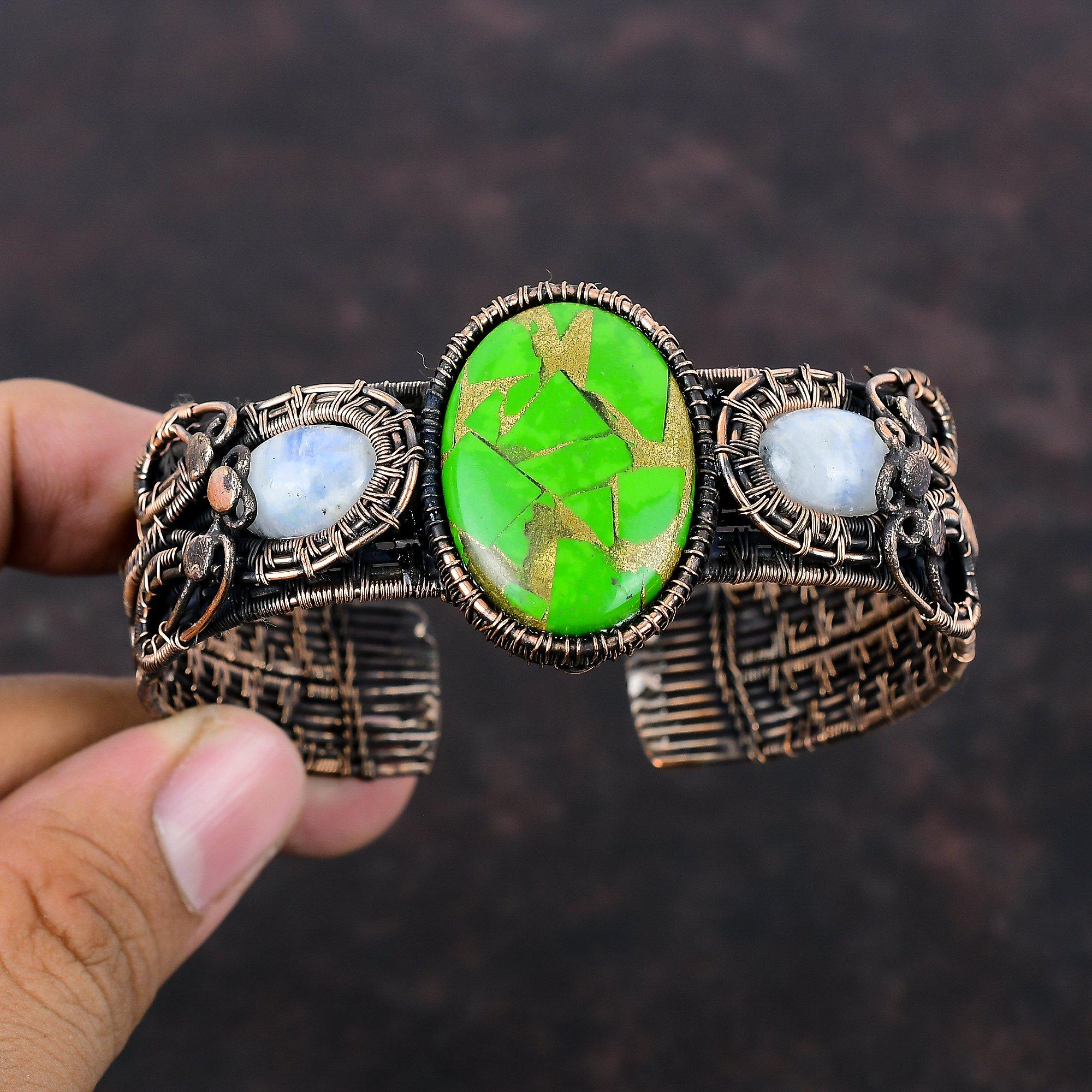 Kupfer Grün Türkis Armreif Kupferdraht Umwickelt Verstellbarer Armreif Handgefertigt Regenbogen Mondstein Armband Edelsteinschmuck Geschenk für Mama