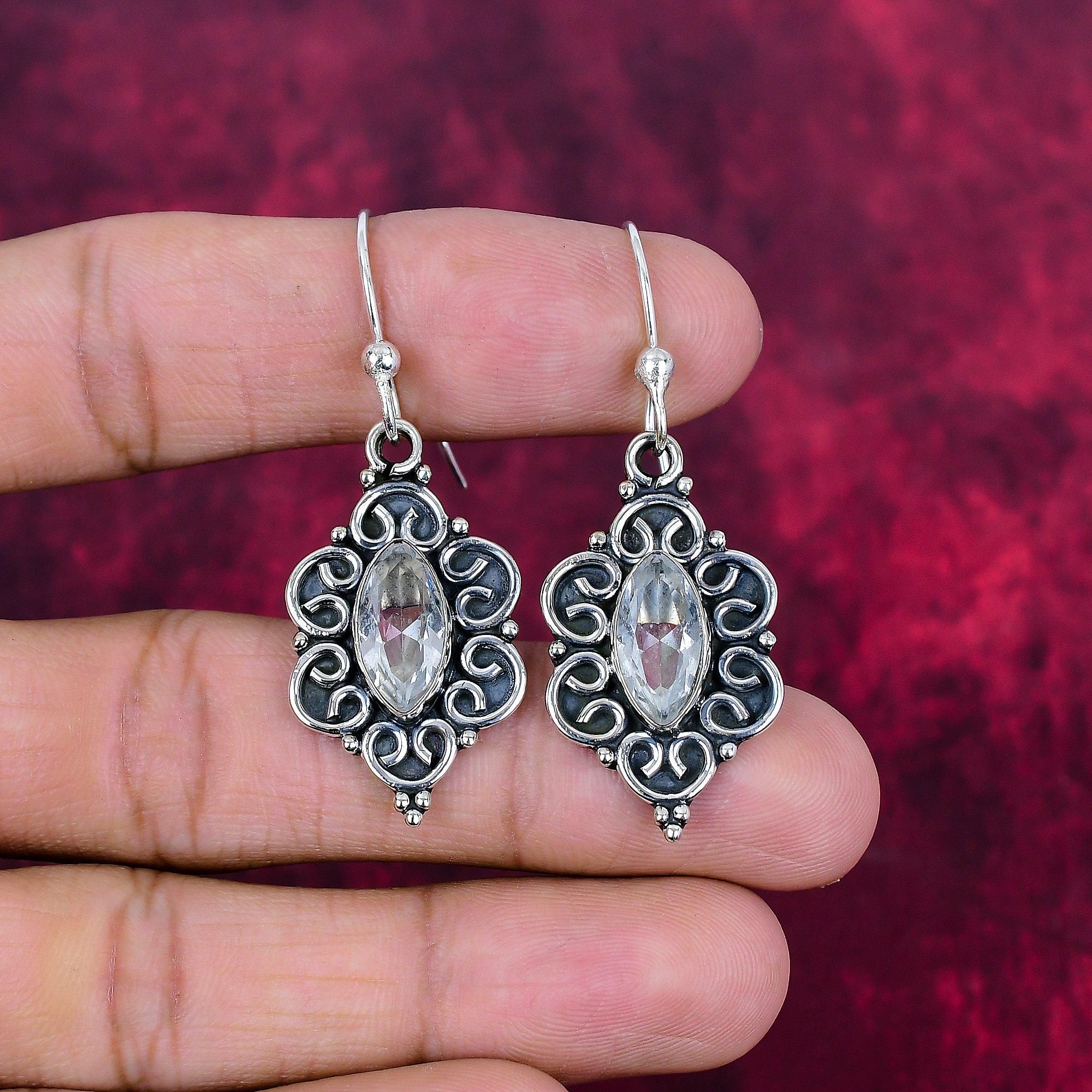 Boucles d'oreilles en argent sterling massif 925 avec topaze blanche, bijoux en pierres précieuses faits à la main pour le Memorial Day