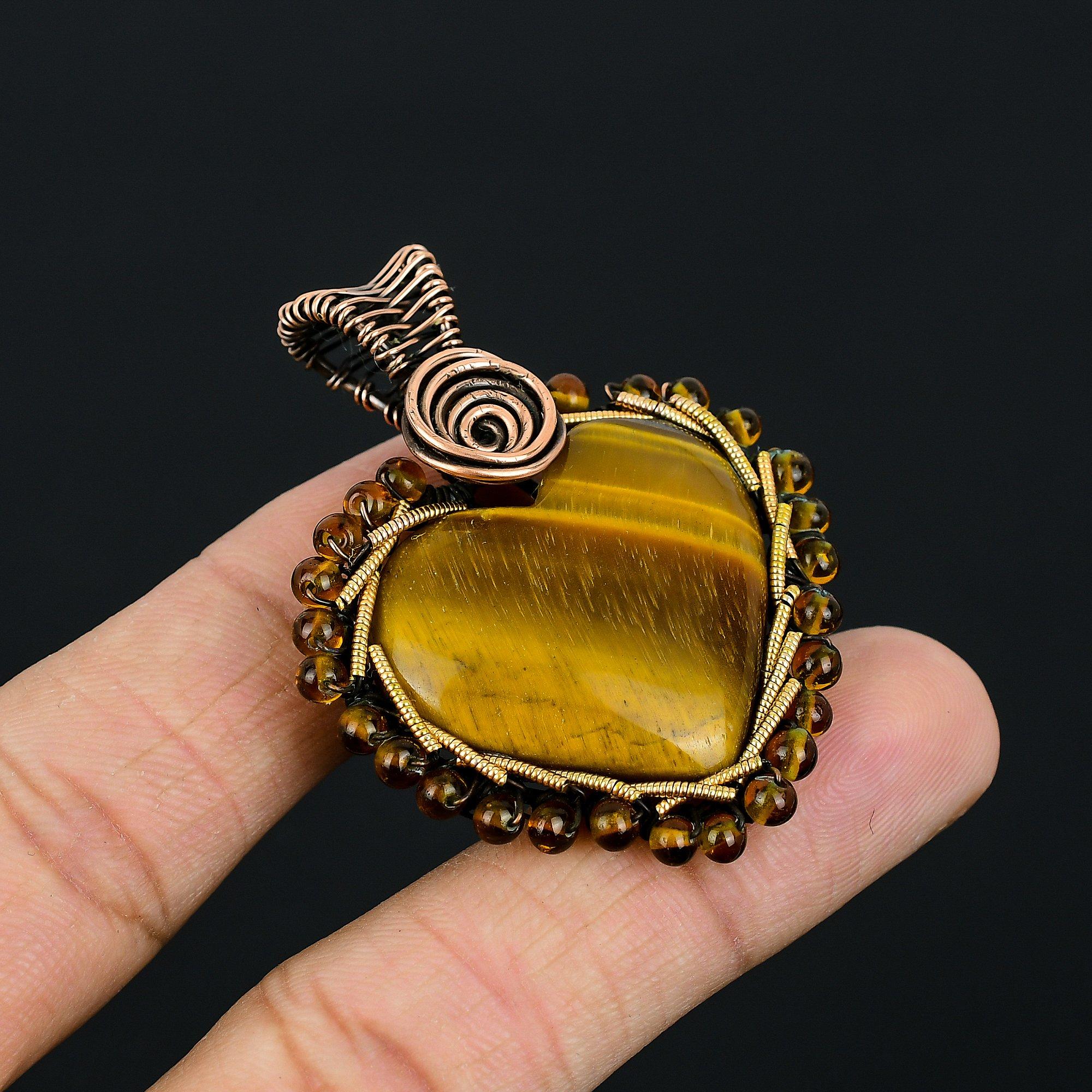 Heart Shape Tiger Eye Gemstone Handmade Copper Wire Wrap Jewelry Pendant For Love