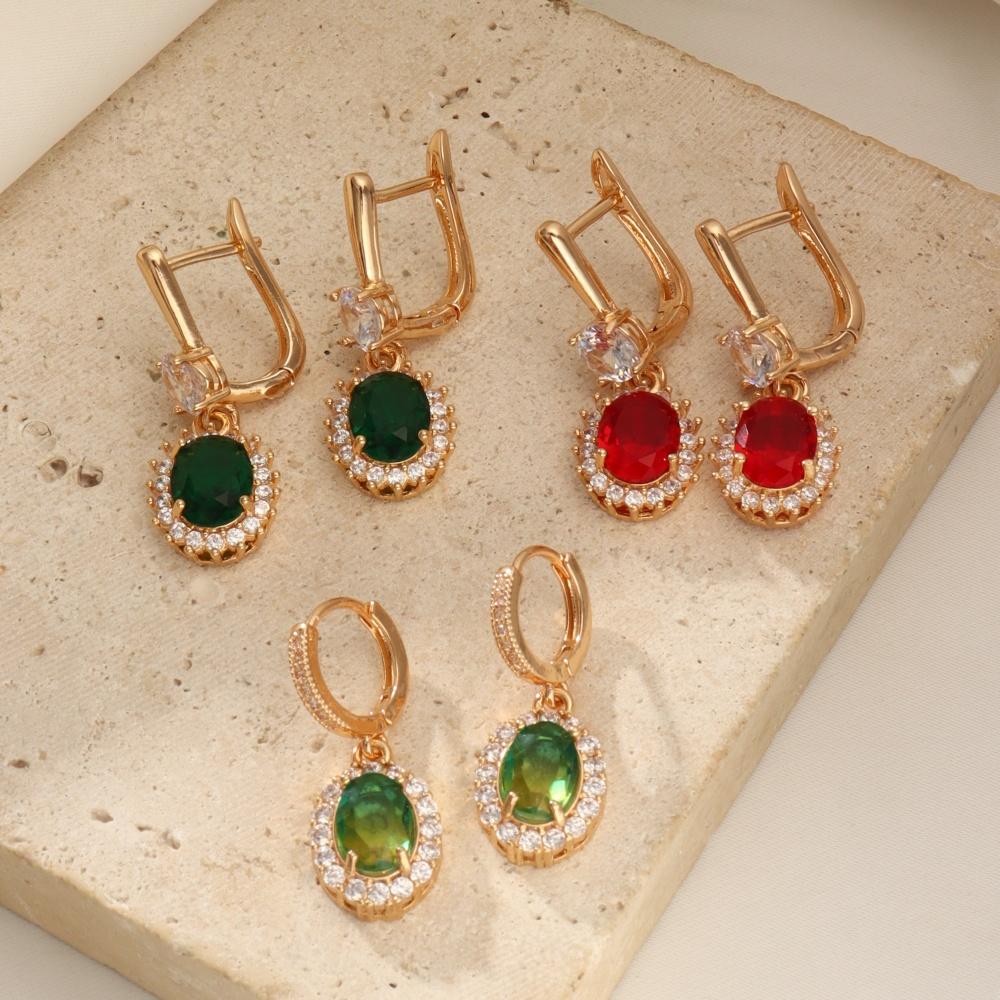1 Pair Luxurious Colored Oval Dangle Earrings for Women Cubic Zirconia Earring Jewelry Wedding Party Accessories
