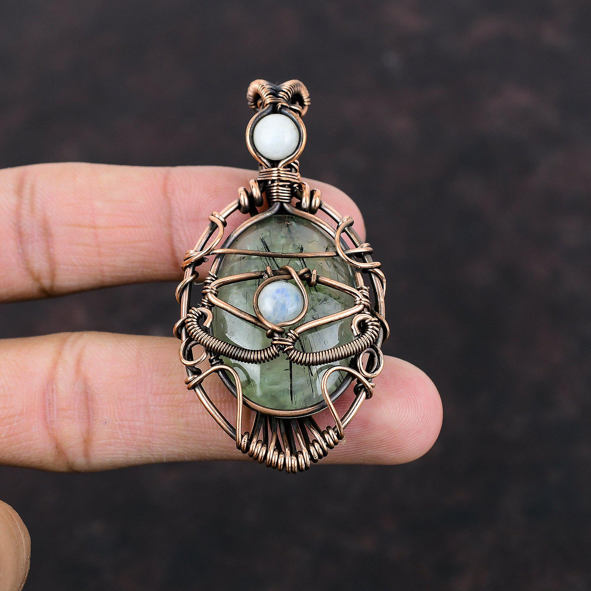 Evil Eye Moss Prehnite Pendant Copper Wire Wrapped Pendant Gemstone Pendant Handmade Evil Eye Jewelry Moonstone Pendant Copper Wire Jewelry