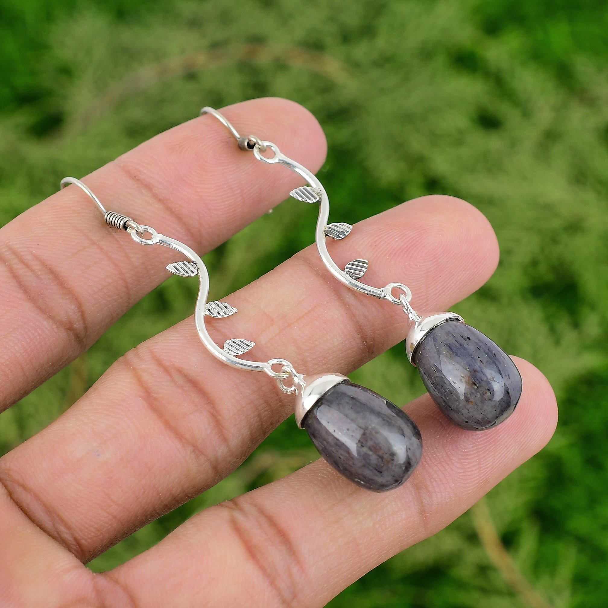 Teardrop Blue Aventurine Gemstone 925 Silver Dangle Drop Bezel Earrings Jewelry