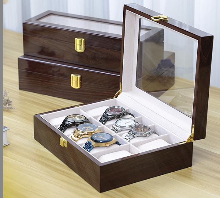 Watch Box, Wooden Watch Organizer, High-end Watch Storage Box, 10 Slots Display Case with Large Glass Lid,  Ideal Gift