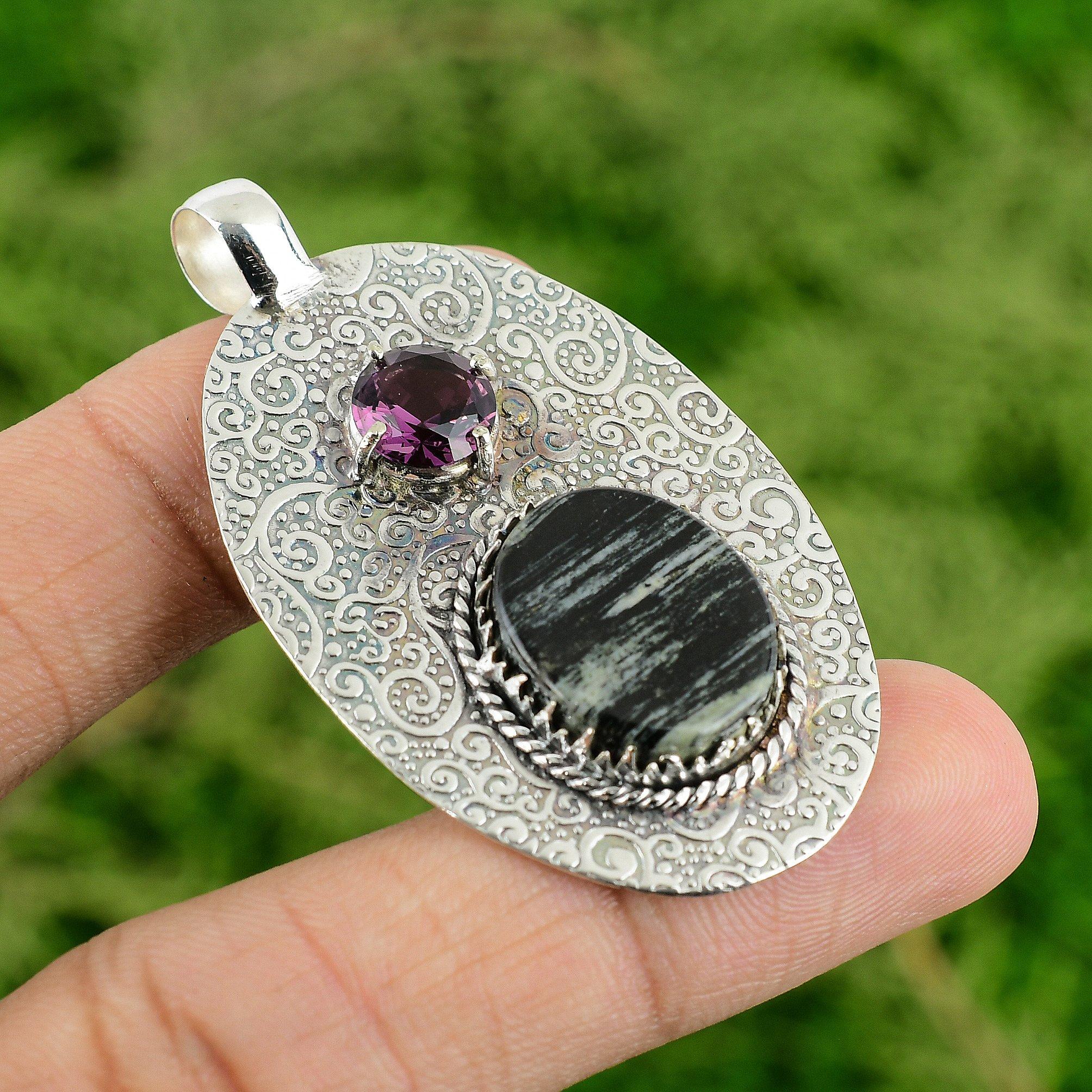 Oval Natural Silver Leaf Jasper African Amethyst Sterling Silver Wedding Pendant