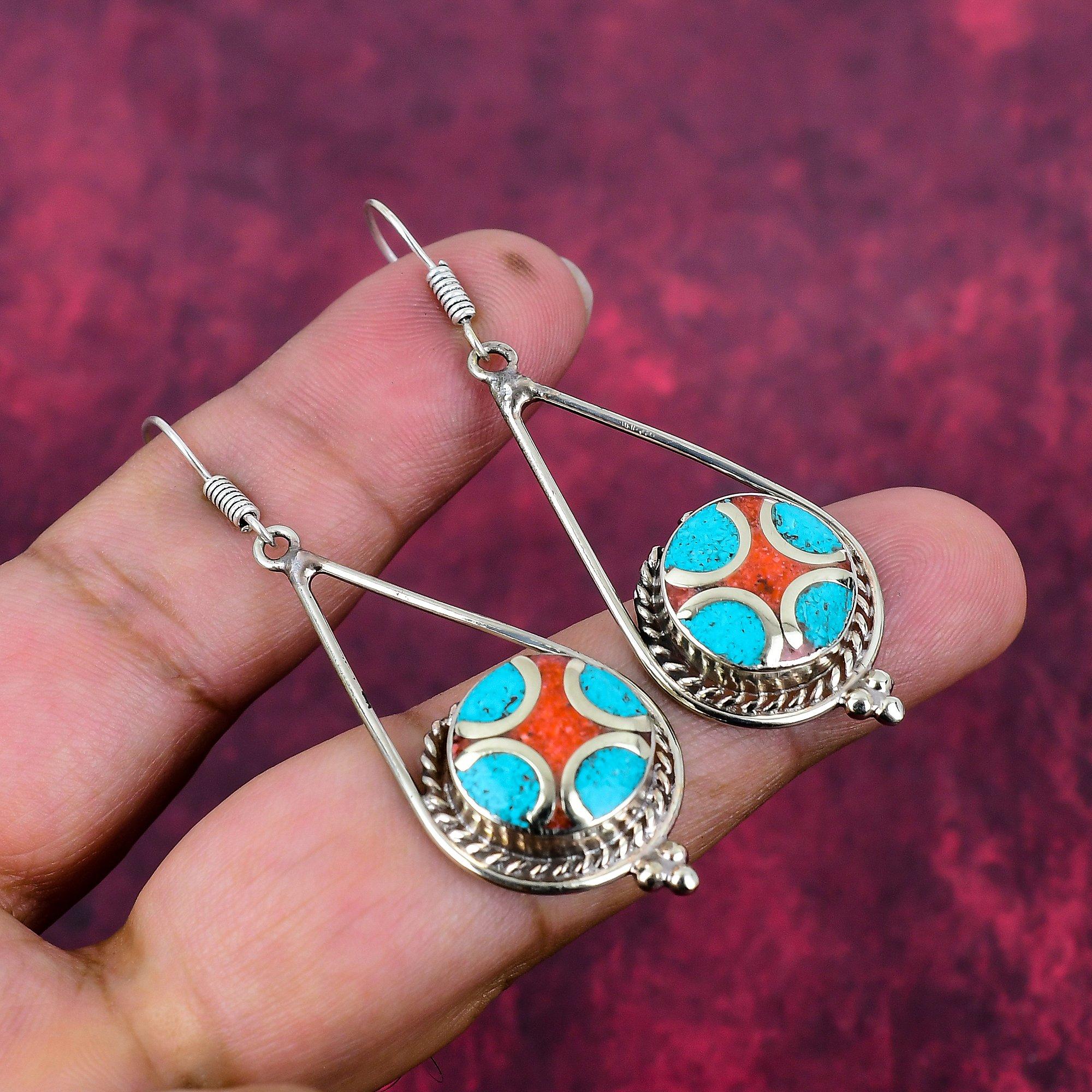 Turquoise, Coral  925 Solid Sterling Silver Nepali Earrings, Handmade Gemstone Earrings Jewelry, Gifts For Wife Brand New Earrings