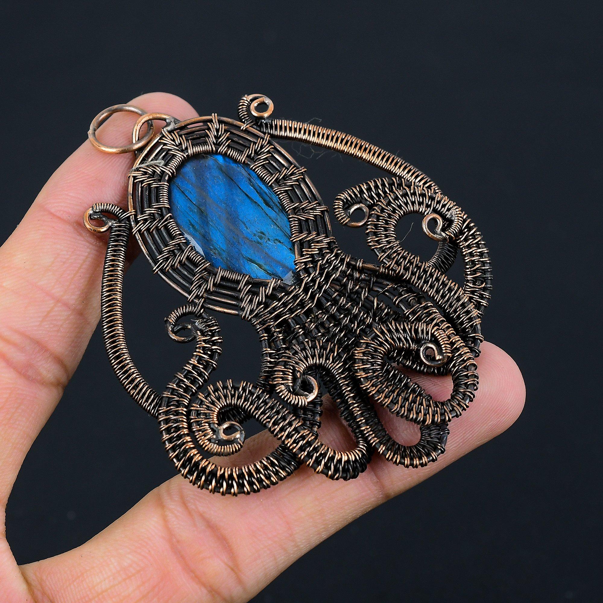 Blue Flash Labradorite Octopus Shape Gemstone Jewelry Pure Copper Wire Wrapped Handmade Pendant