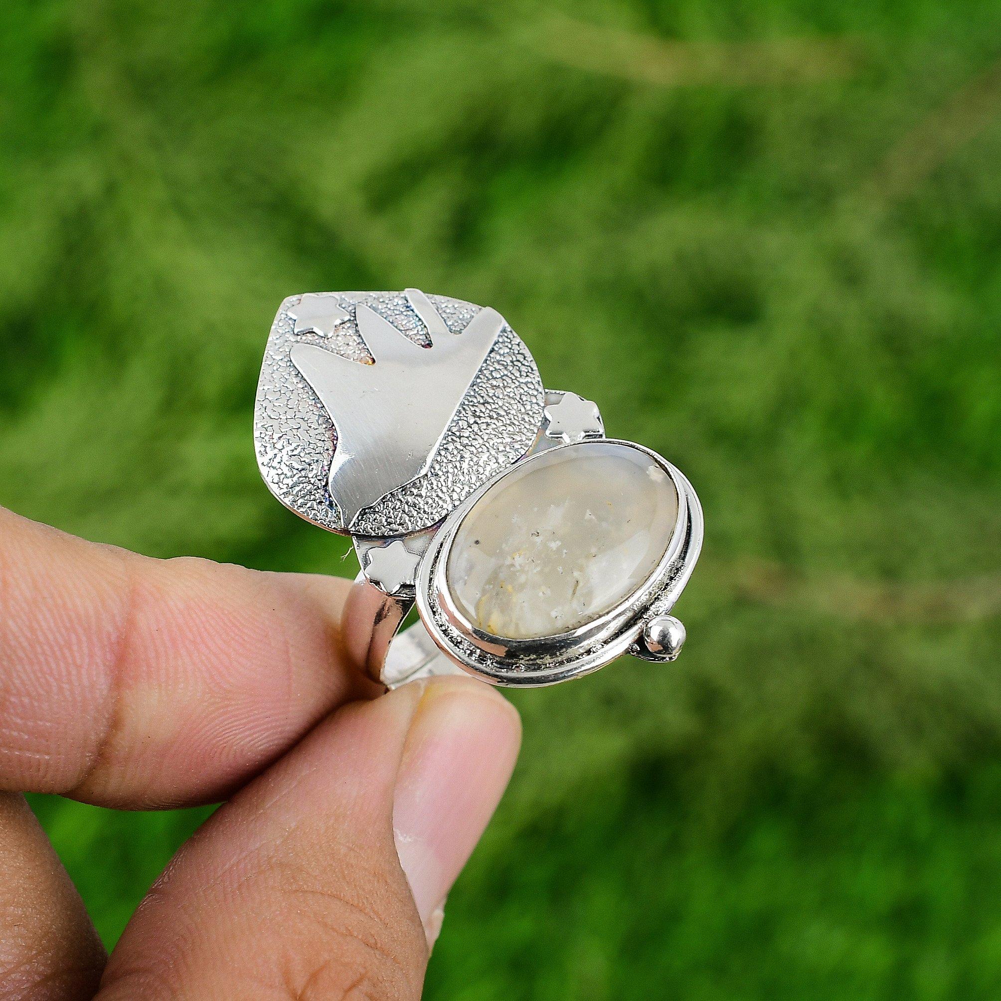 Gift For Her 925 Silver Natural Plume Agate Gemstone Promise Adjustable Ring
