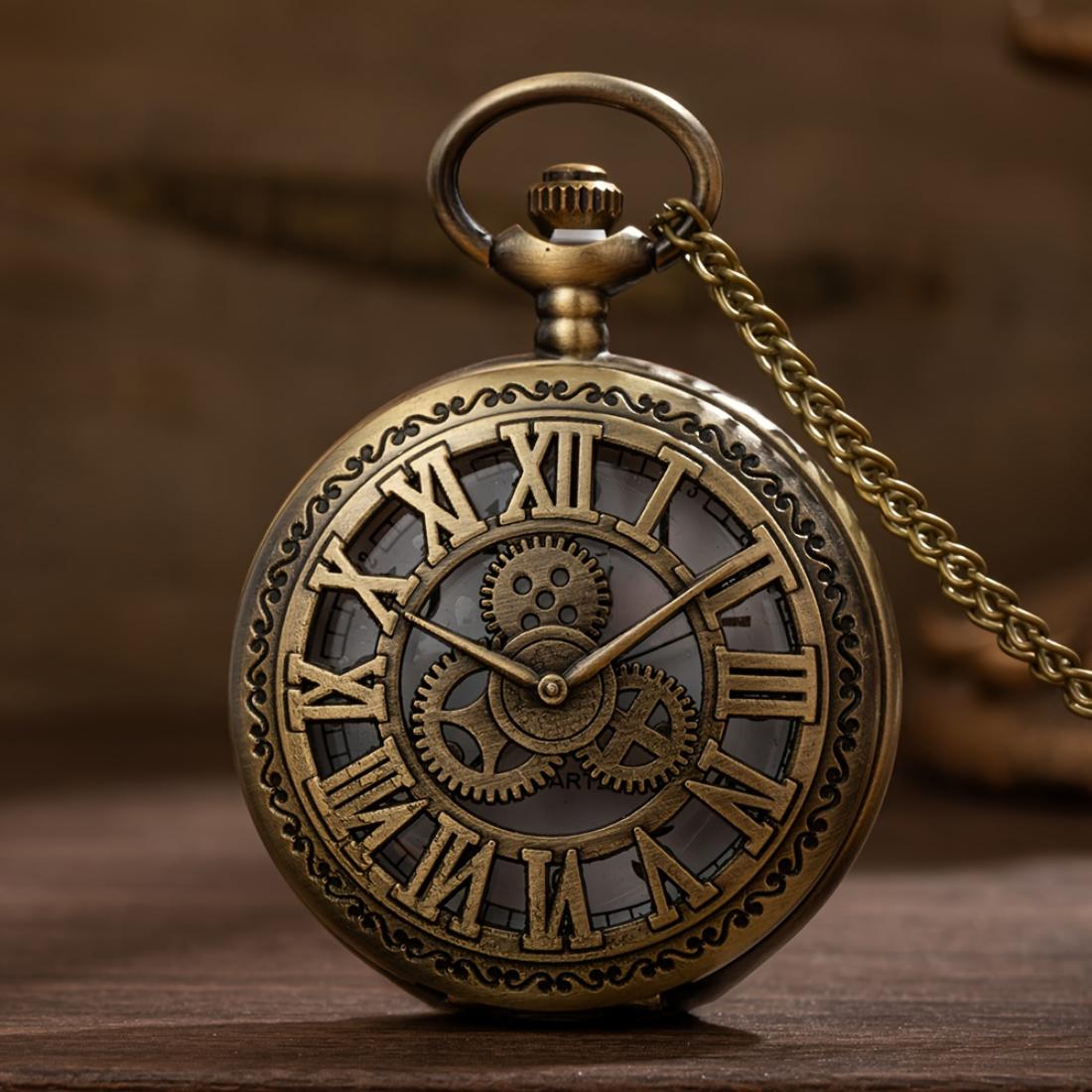 Vintage Roman Numeral Hollow Pocket Watch, Large Size Time Gear Watch, Classic Creative Retro Gear Pocket Watch for Daily and Memorial Use