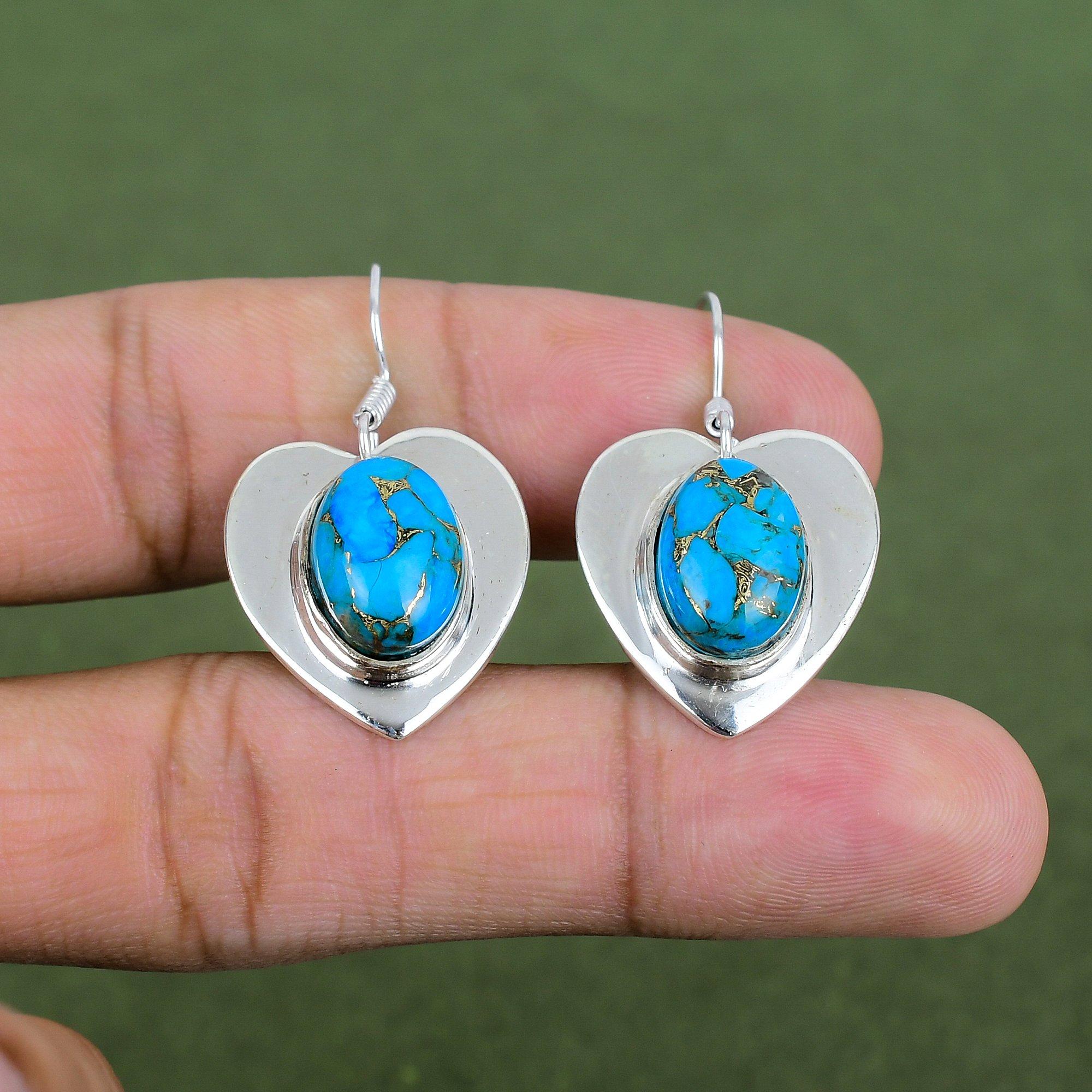 Copper Blue Turquoise Earring 925 Sterling Silver Earring Original Gemstone Earring Handmade Jewelry Unique Style Earrings Engagement Gifts