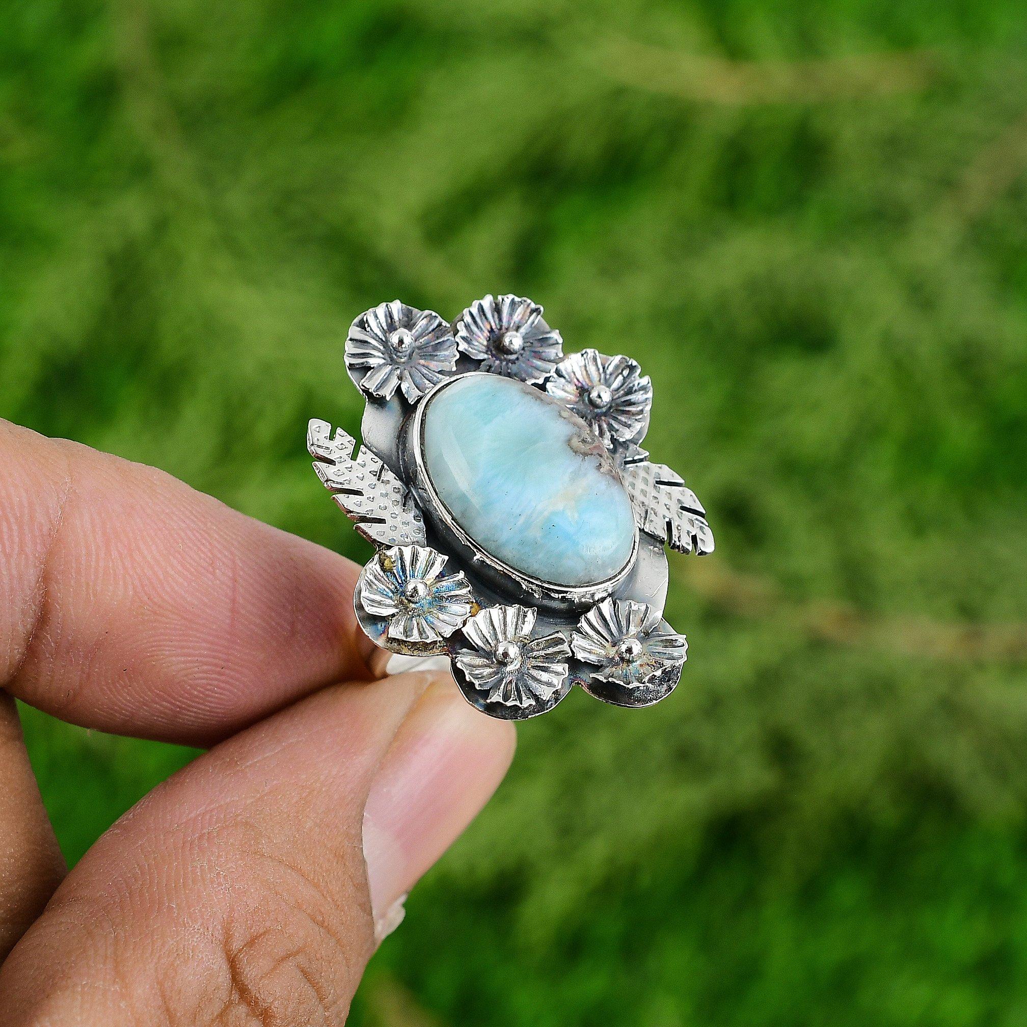 Wedding Gift For Her 925 Silver Natural Larimar Statement Flower Adjustable Ring