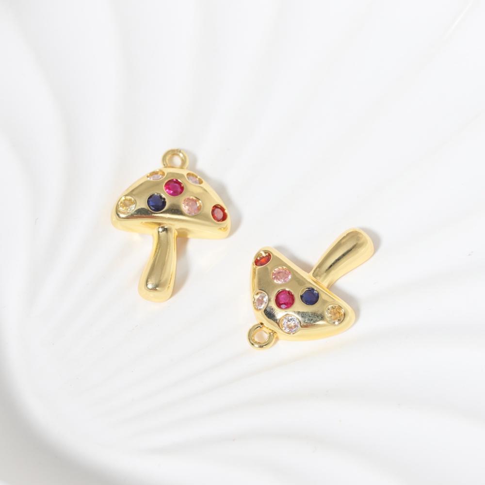 Multicolor Zirconia Mushroom Charms Golden Plated Copper Jewelry DIY Parts