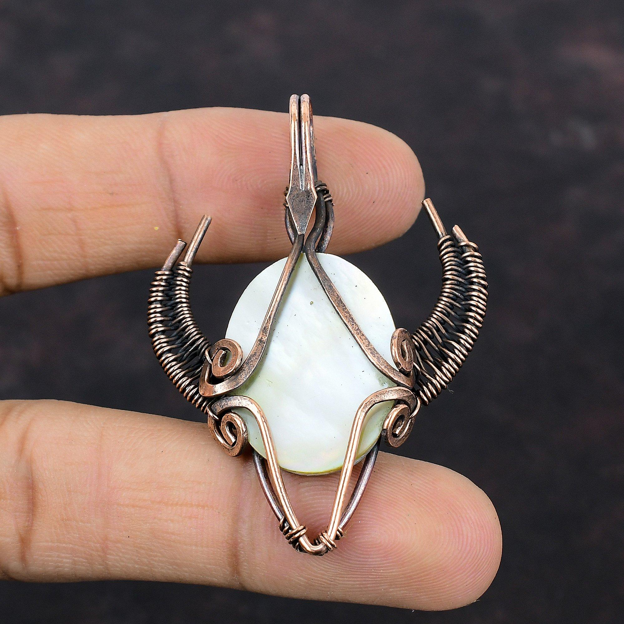 Mother Of Pearl Pendant Copper Wire Wrapped Pendant Handmade Copper Jewelry Bull Face Shape Pendants Gemstone Pendant For Gift Wire Jewelry