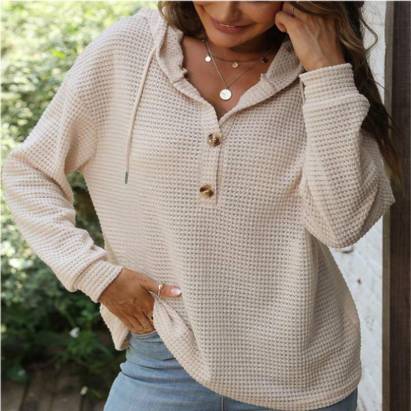 Women's solid color long sleeve loose button hooded sweatshirt