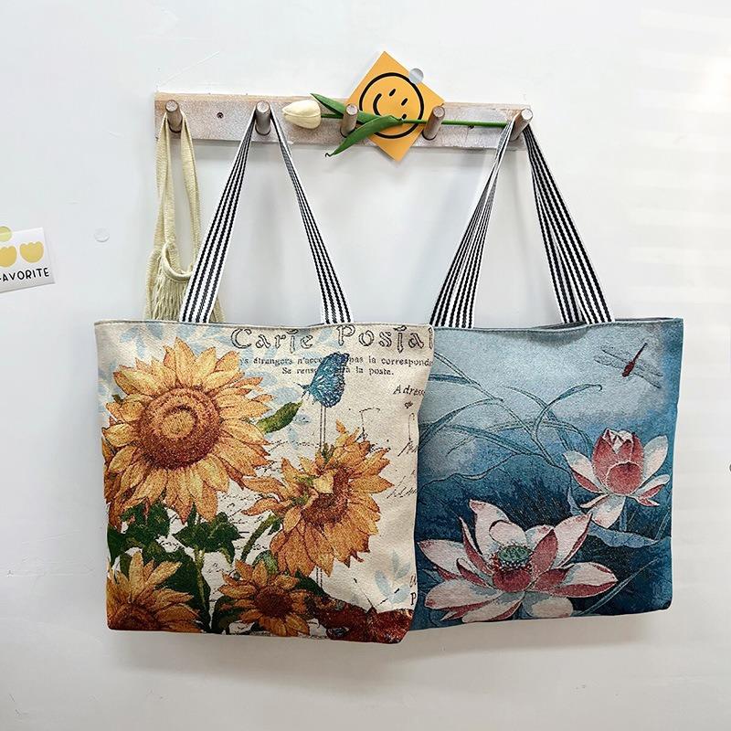 Chinese Ethnic Style Women's Shoulder Bag Cute Cartoon Cat Rabbit Young Girl Big Tote Bag Classic Artistic Style Embroidery Flower Canvas Shopping Bag
