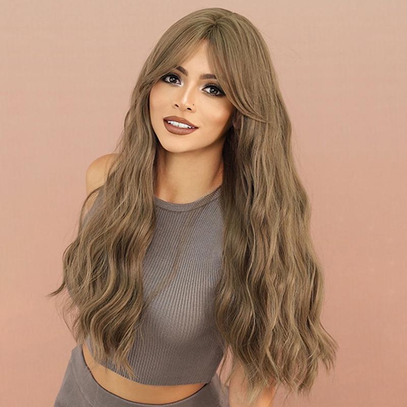 26" Balayage Curly Wig - Heat Resistant Loose Waves with Curtain Bangs | 4 Sun-Kissed Shades | 270g Synthetic Hair