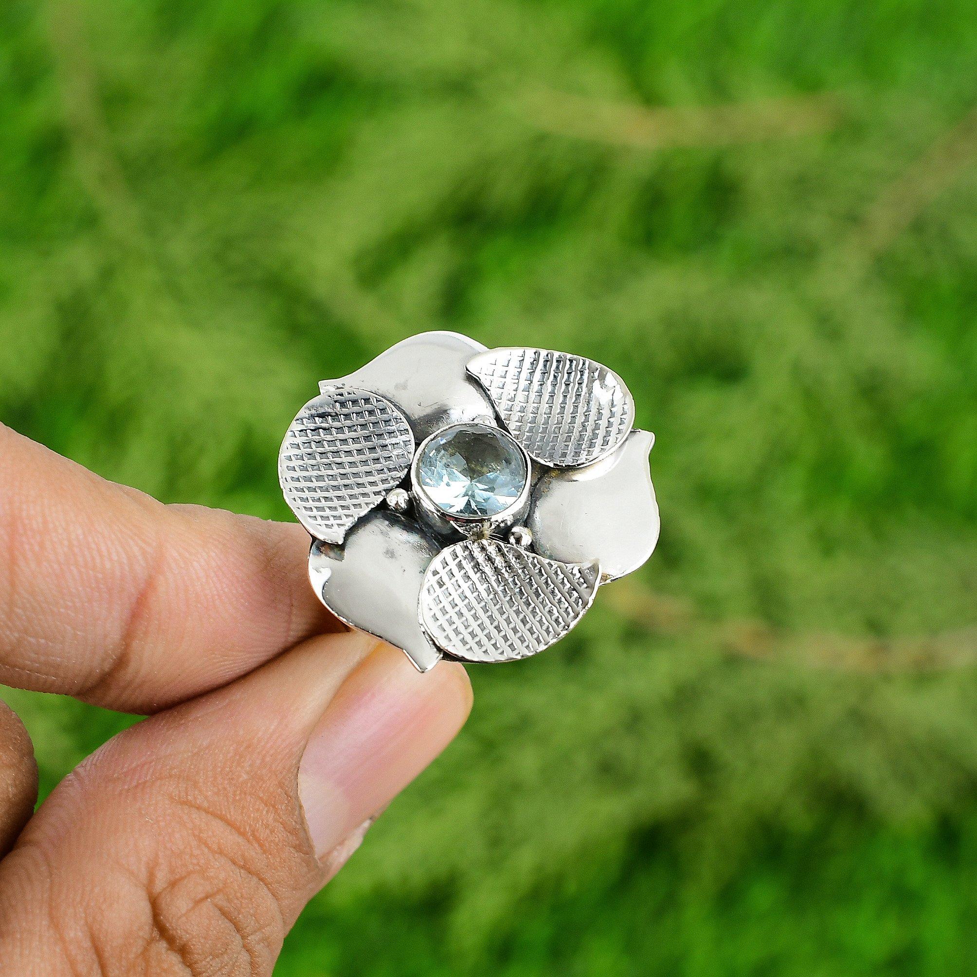 Gift For Her 925 Silver Natural Swiss Blue Topaz Promise Flower Adjustable Ring