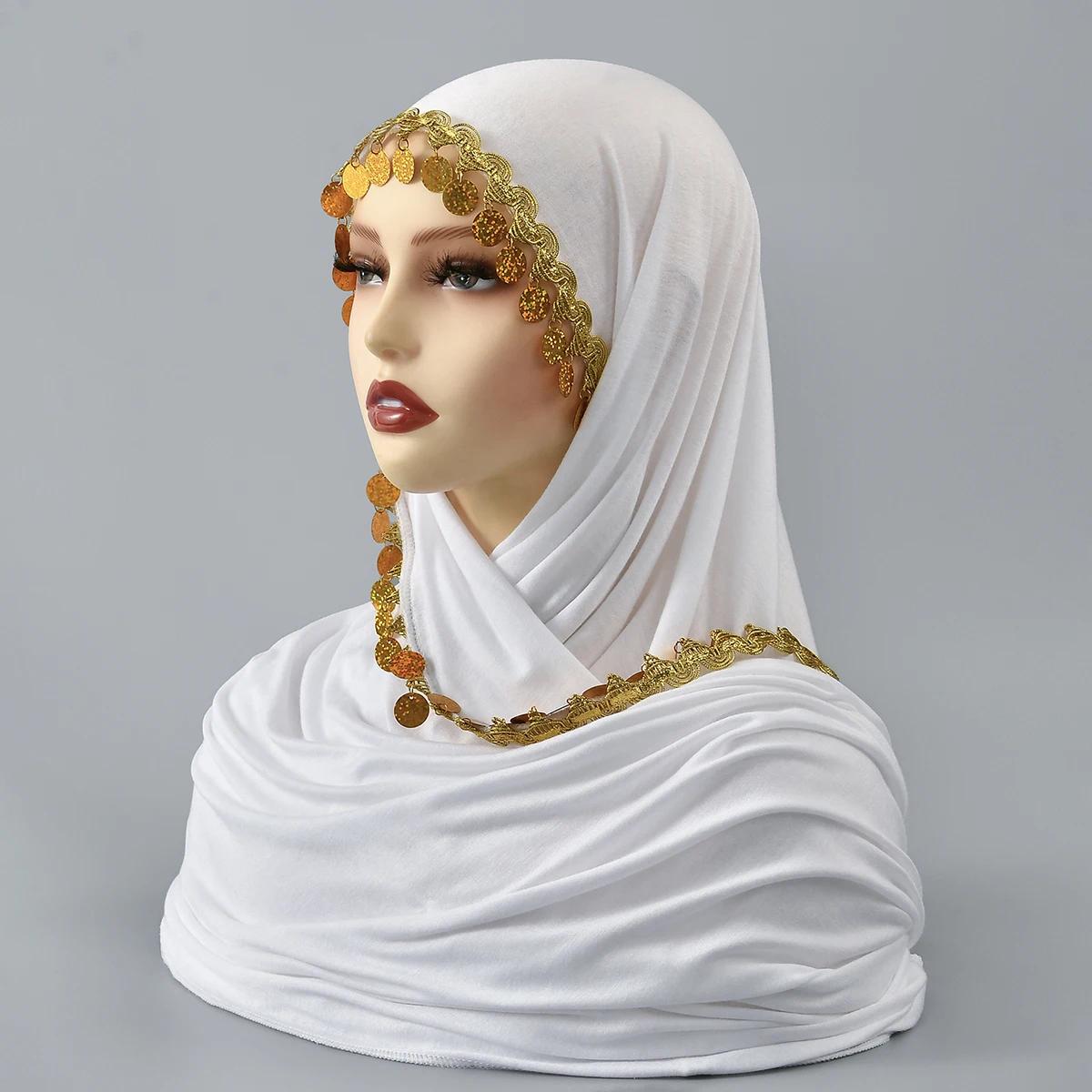 Sequin Jersey Hijab Scarf for Women Shawl Plain Muslim Headband Wraps Islam Turban