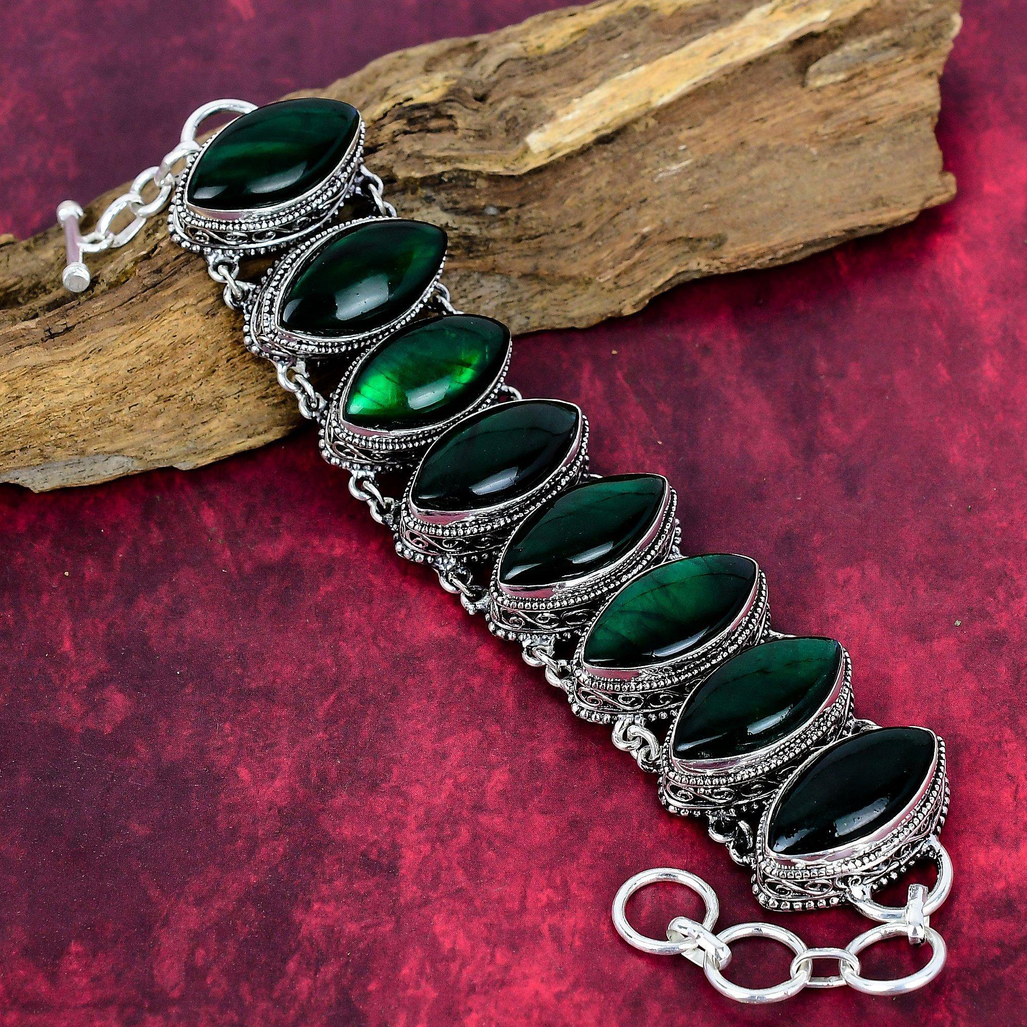 Green Flash Labradorite Handmade Gemstone Bracelet, 925 Solid Sterling Silver Bracelet Antique Jewelry, Adjustable Chain Bracelet Engagement Gift