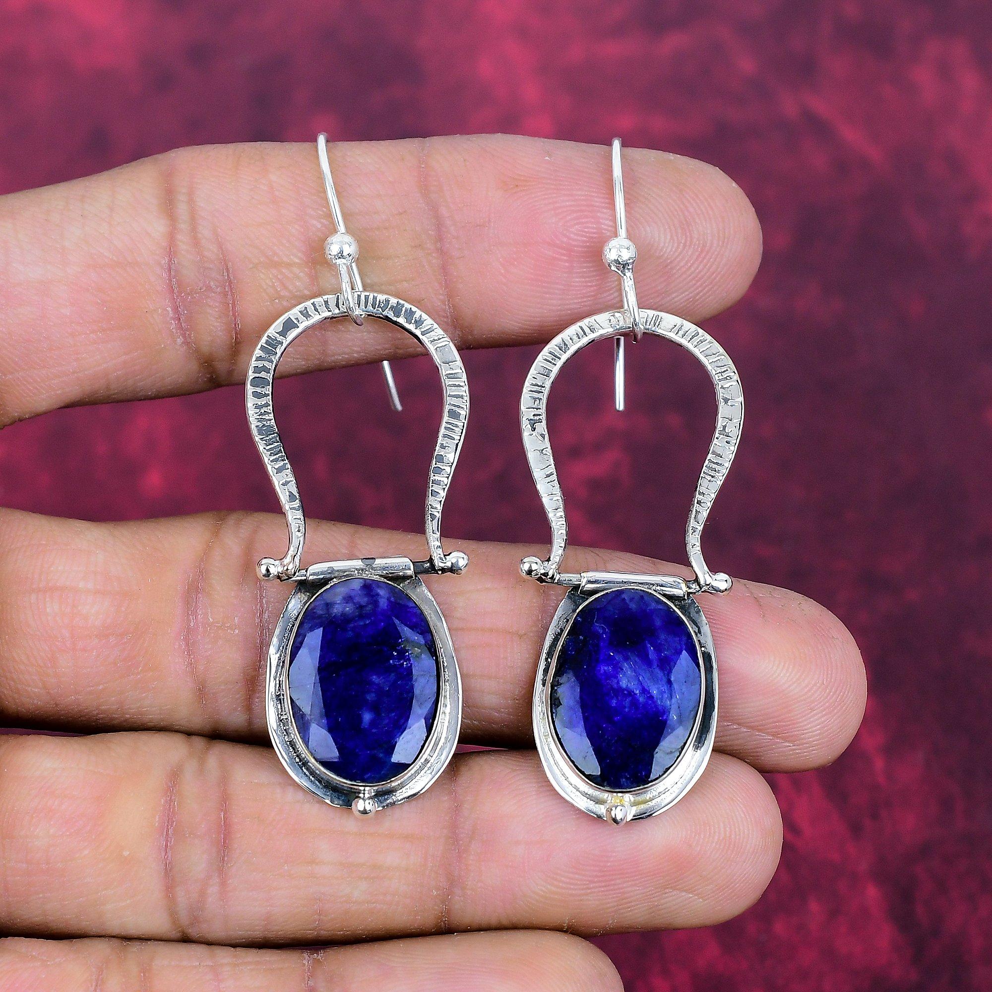 Lab Created Blue Sapphire Earrings, Handmade Gemstone Earrings, 925 Solid Sterling Silver Earrings Antique Jewelry, For Engagement Gift