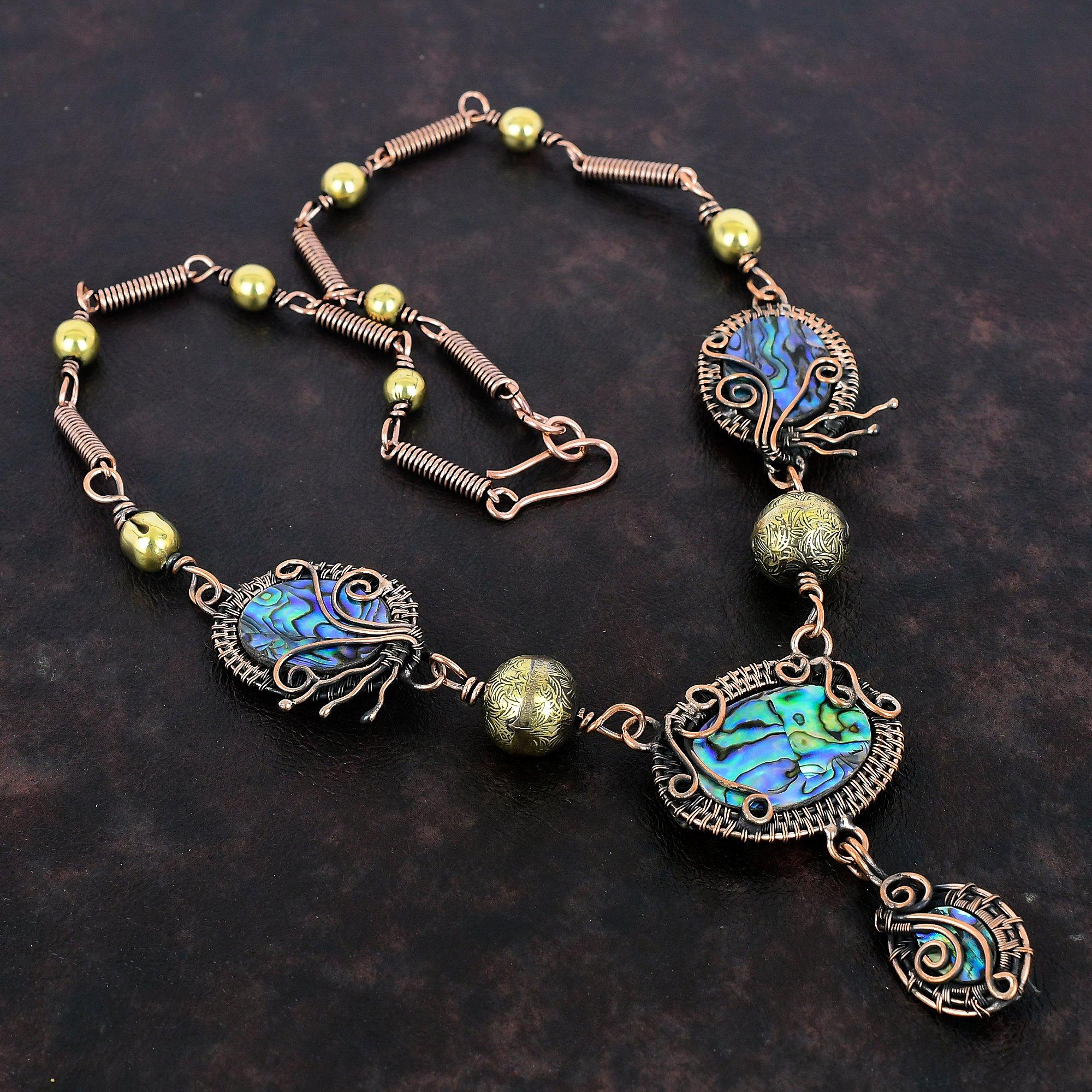 Abalone Shell Necklace Copper Wire Wrapped Gemstone Jewelry Adjustable Chain Necklace Handmade Necklace Copper Wire Necklace Gifts For Her