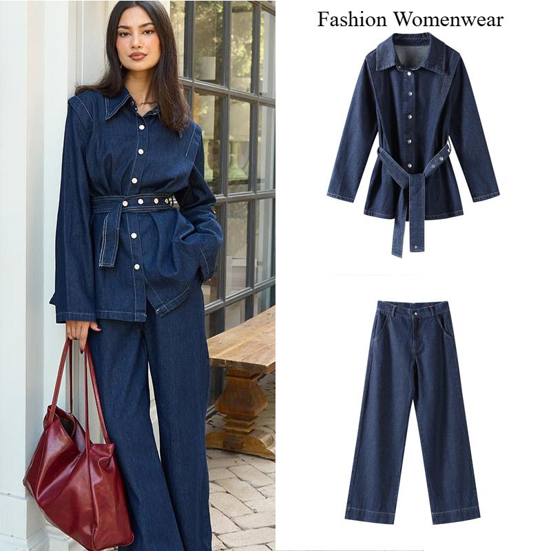Denim Pants Set Women Belt Lapel Buttons Shirt High Waist Wide Leg Trousers Sets Lady Vintage Single Breasted Top Suit Female