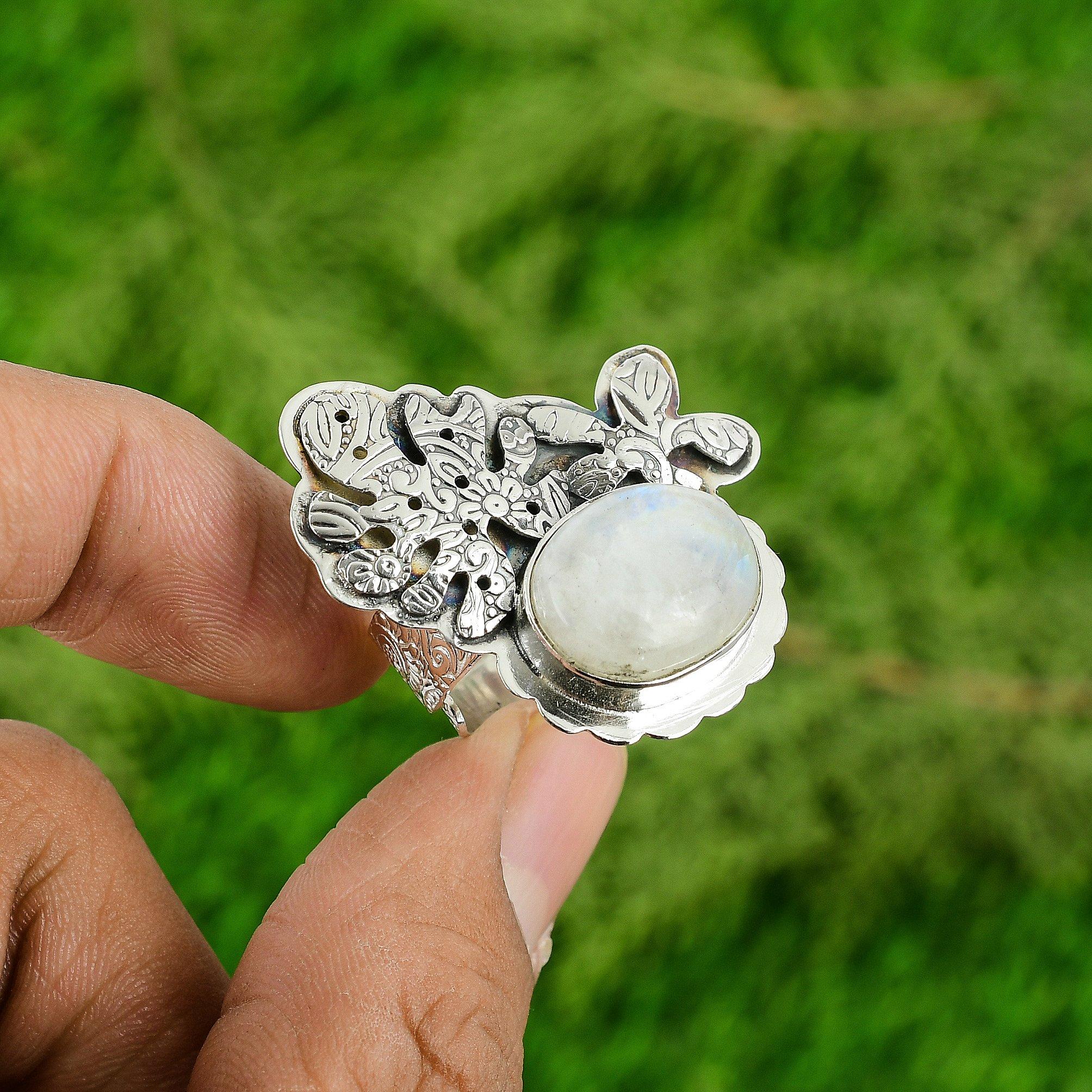 Womens day Deal Sterling Silver Natural Rainbow Moonstone Solitaire Ring Jewelry