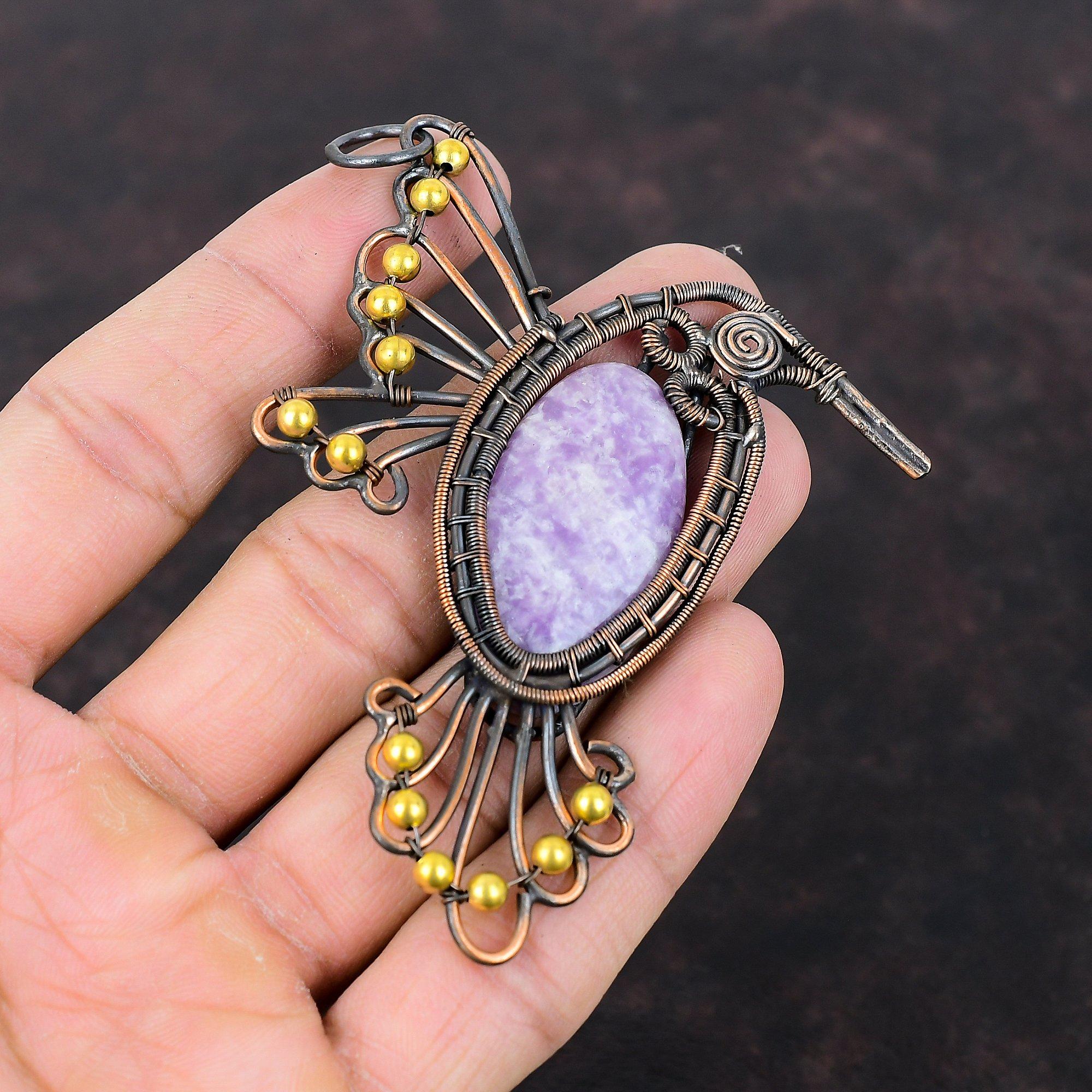 Lepidolith Anhänger Kupferdraht gewickelter Schmuck Edelsteinanhänger Kupferdrahtwicklung Vogelanhänger Eleganter Schmuck Handgefertigter Anhänger Geschenk für Ihn