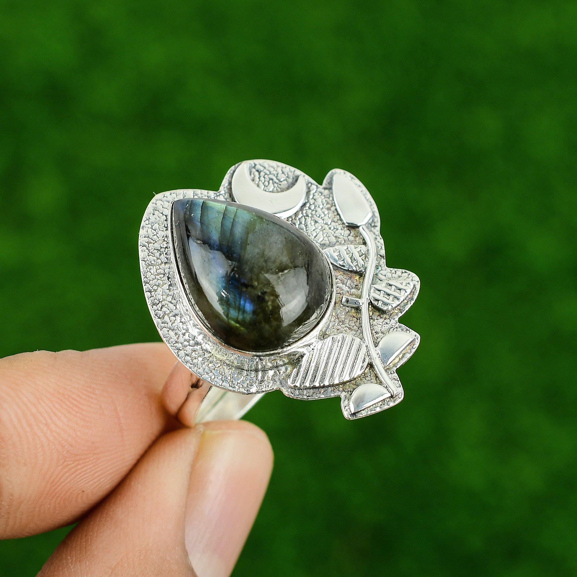 925 Sterling Silver Pear Natural Labradorite Handmade Cescent Moon Promise Ring