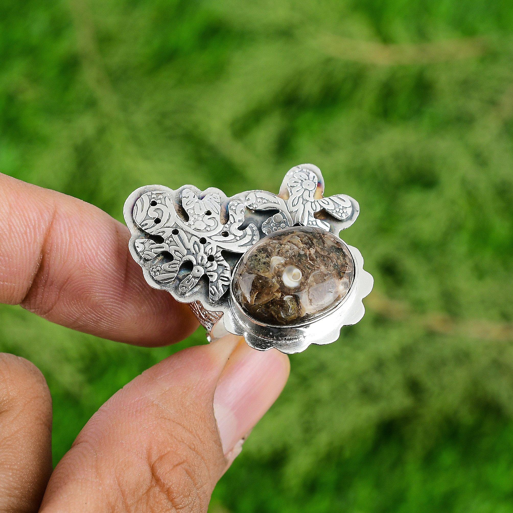 Gift For Women Statement Adjustable Ring 925 Silver Natural Turritella Agate