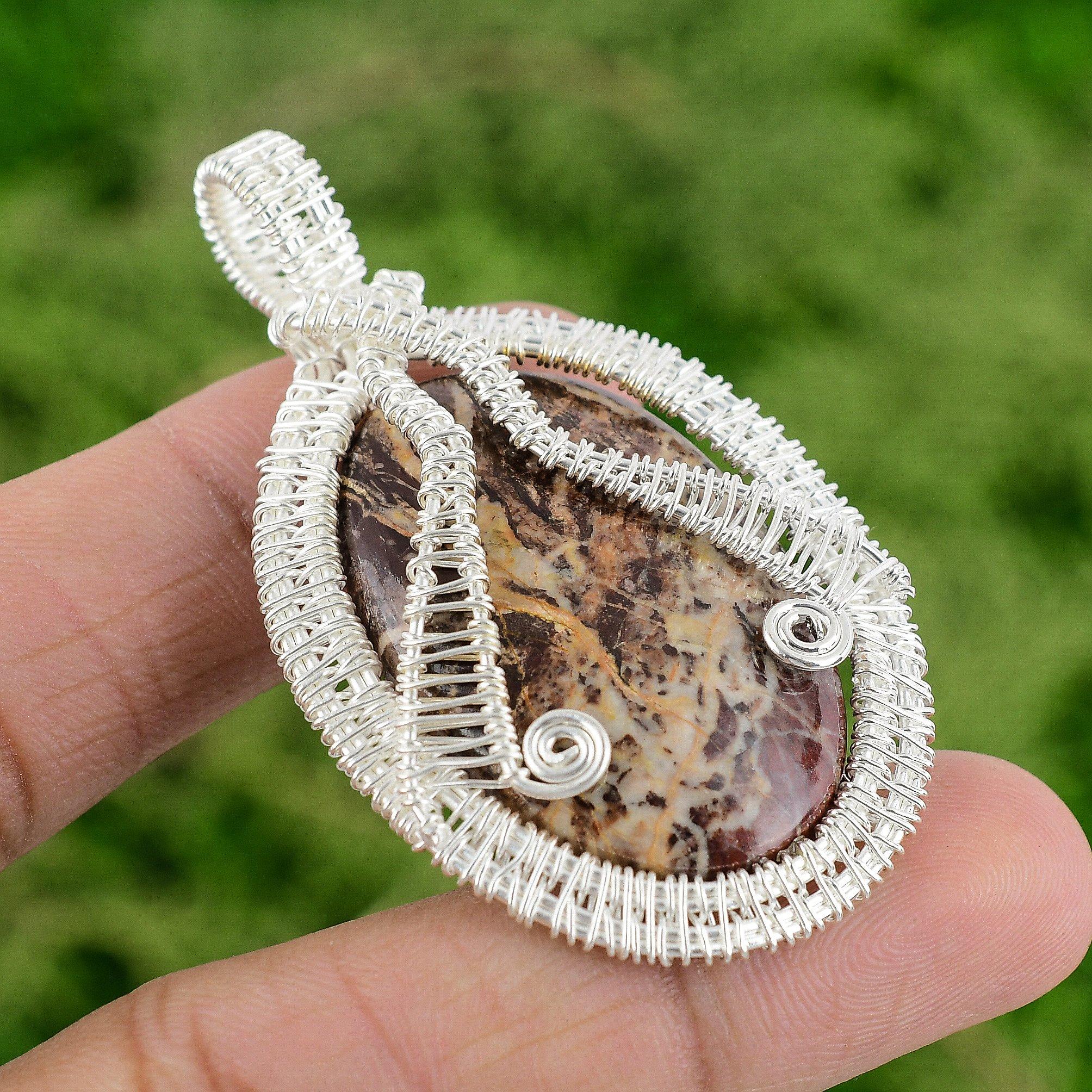 925 Sterling Silver Natural Coconut Jasper Bezel Birthday Wire Wrapping Pendant