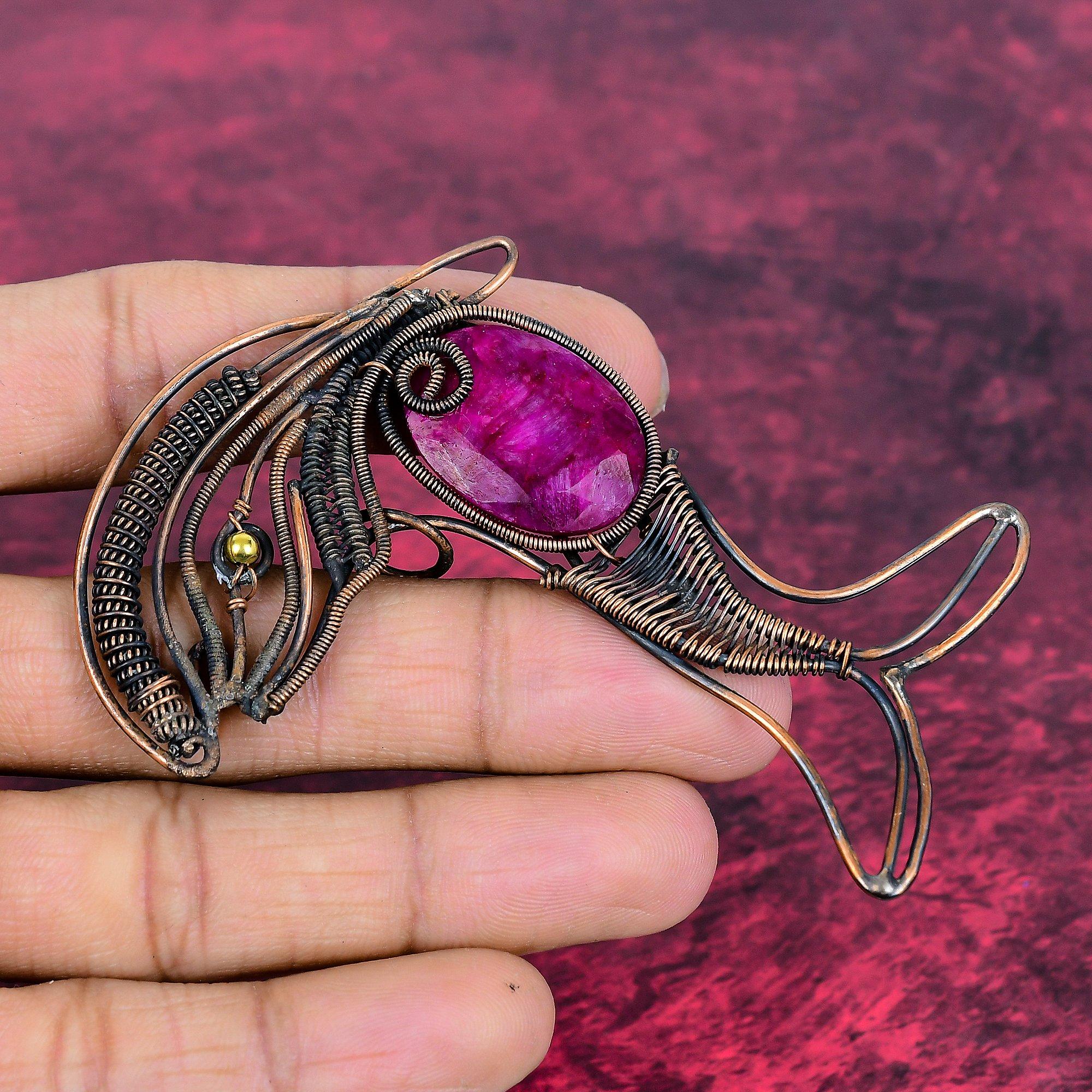 Faceted Kashmir Ruby Pendant Fish Pendant Copper Wire Wrapped Gemstone Jewelry