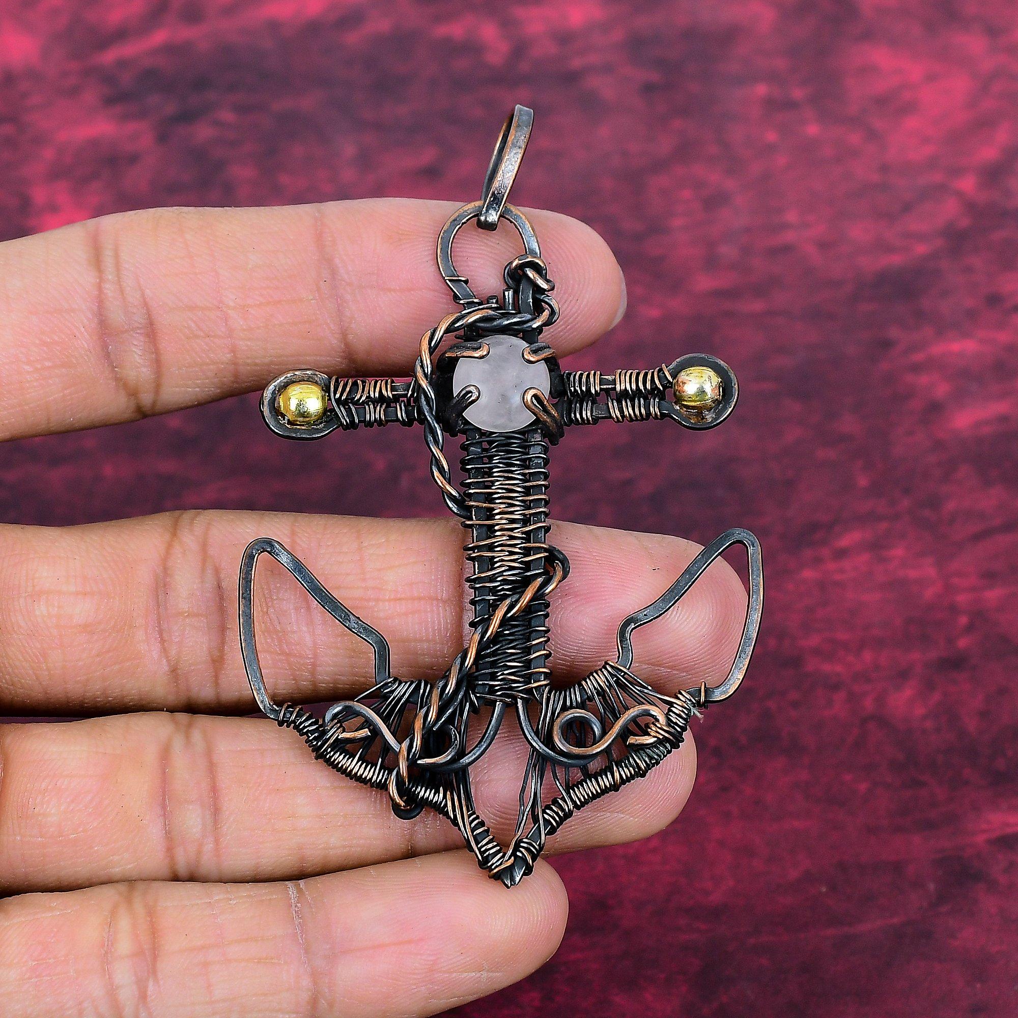 Rose Quartz Pendant Gemstone Jewelry Anchor Pendant Copper Wire Wrapped Jewelry