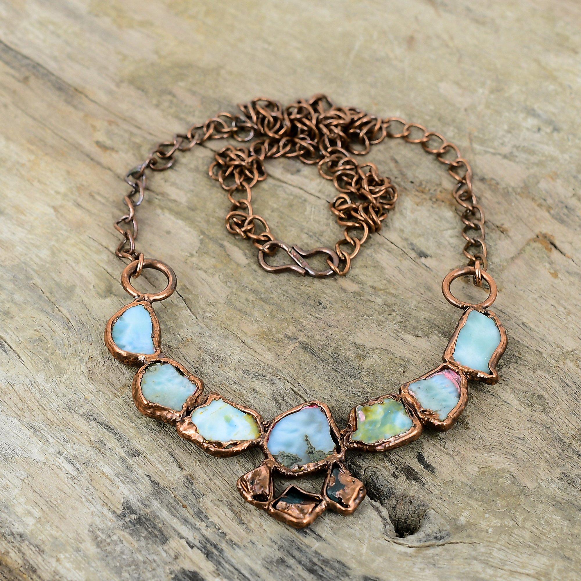 Larimar Rough Necklace Electroformed Copper Necklace Adjustable Chain Necklace Handmade Electroformed Jewelry High Quality Gemstone Necklace