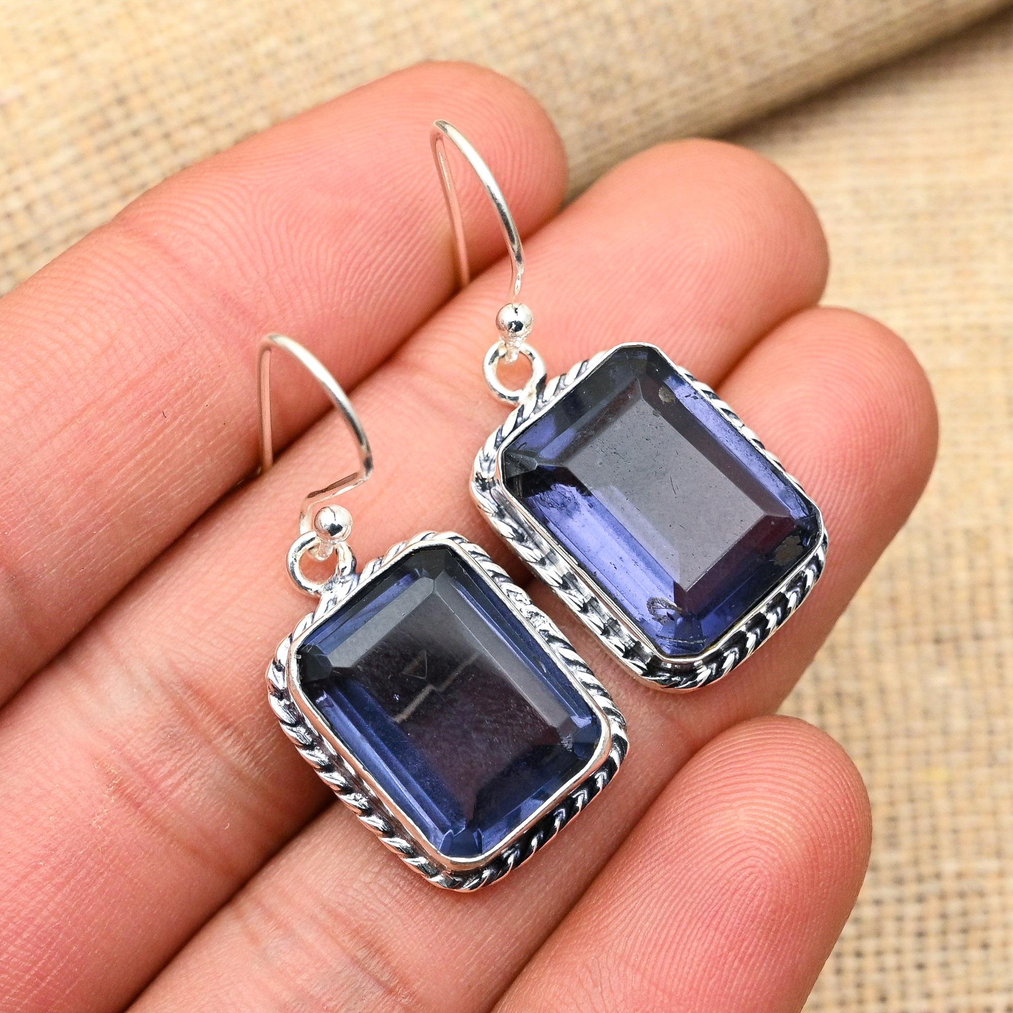 Hermosos pendientes de plata de ley maciza 925 hechos a mano con piedras preciosas de iolita para ella