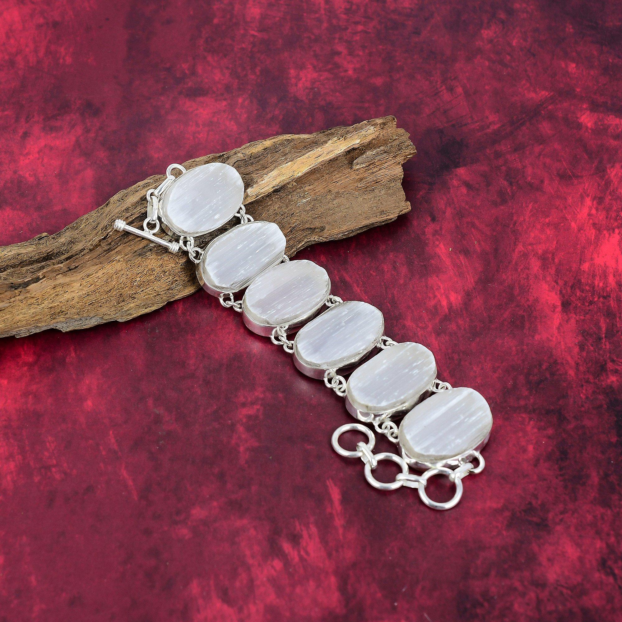 Selenite Druzy 925 Solid Sterling Silver Bracelet with Adjustable Chain, Handmade Gemstone Jewelry Bracelet For Memorial Day