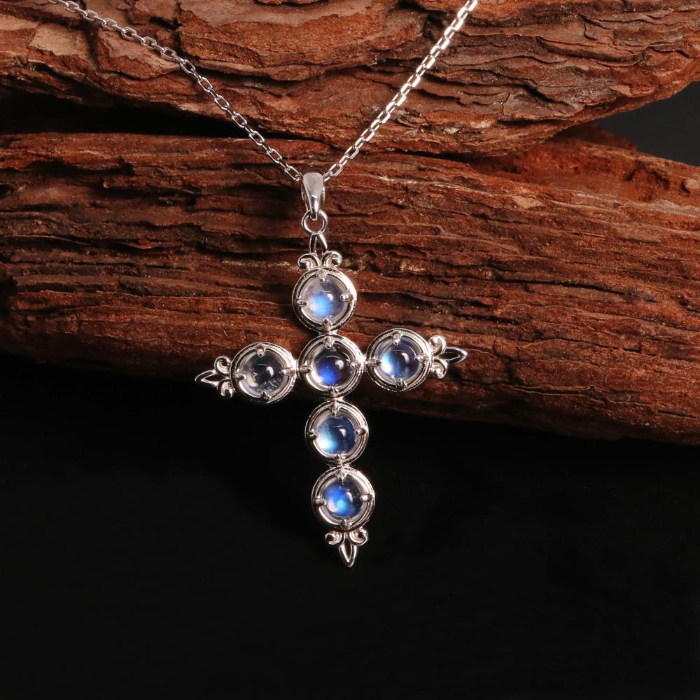 Classic Elegant Natural Blue Moonstone Cross Pendant Necklace 925 Sterling Silver Fine Jewelry Women's Daily Wear Gift