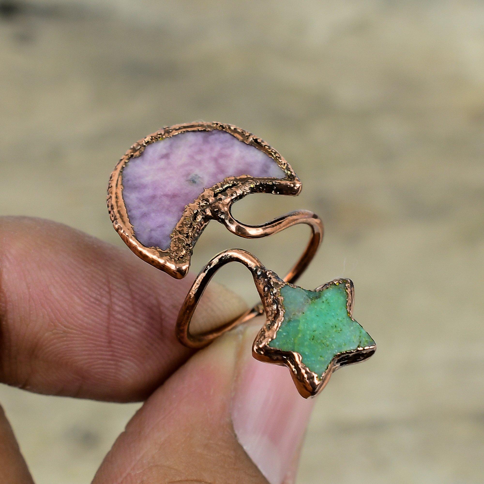 Pink Tourmaline Ring Electroformed Copper Ring Adjustable Ring Handmade Jewelry Chrysoprase Gemstone Ring Moon & Star Jewelry Gifts For Mom