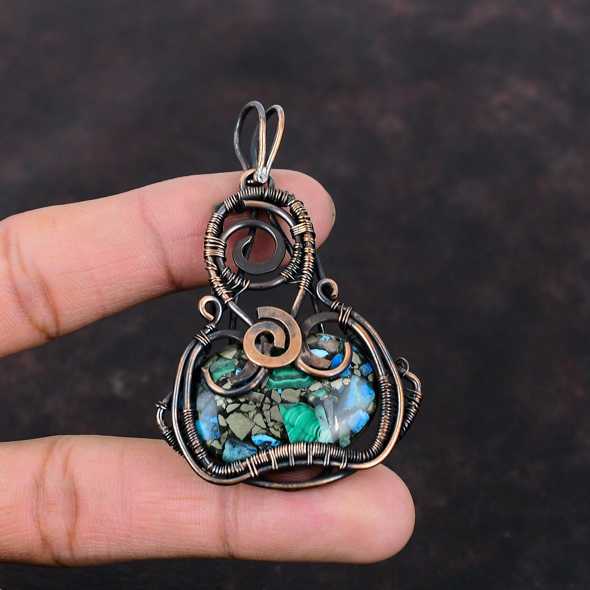 Kupfer Azurit Malachit Anhänger Kupferdraht gewickelter Anhänger Edelstein Schmuck in Top-Qualität Geschenk für Sie Handgefertigter Anhänger Kupferdraht Schmuck