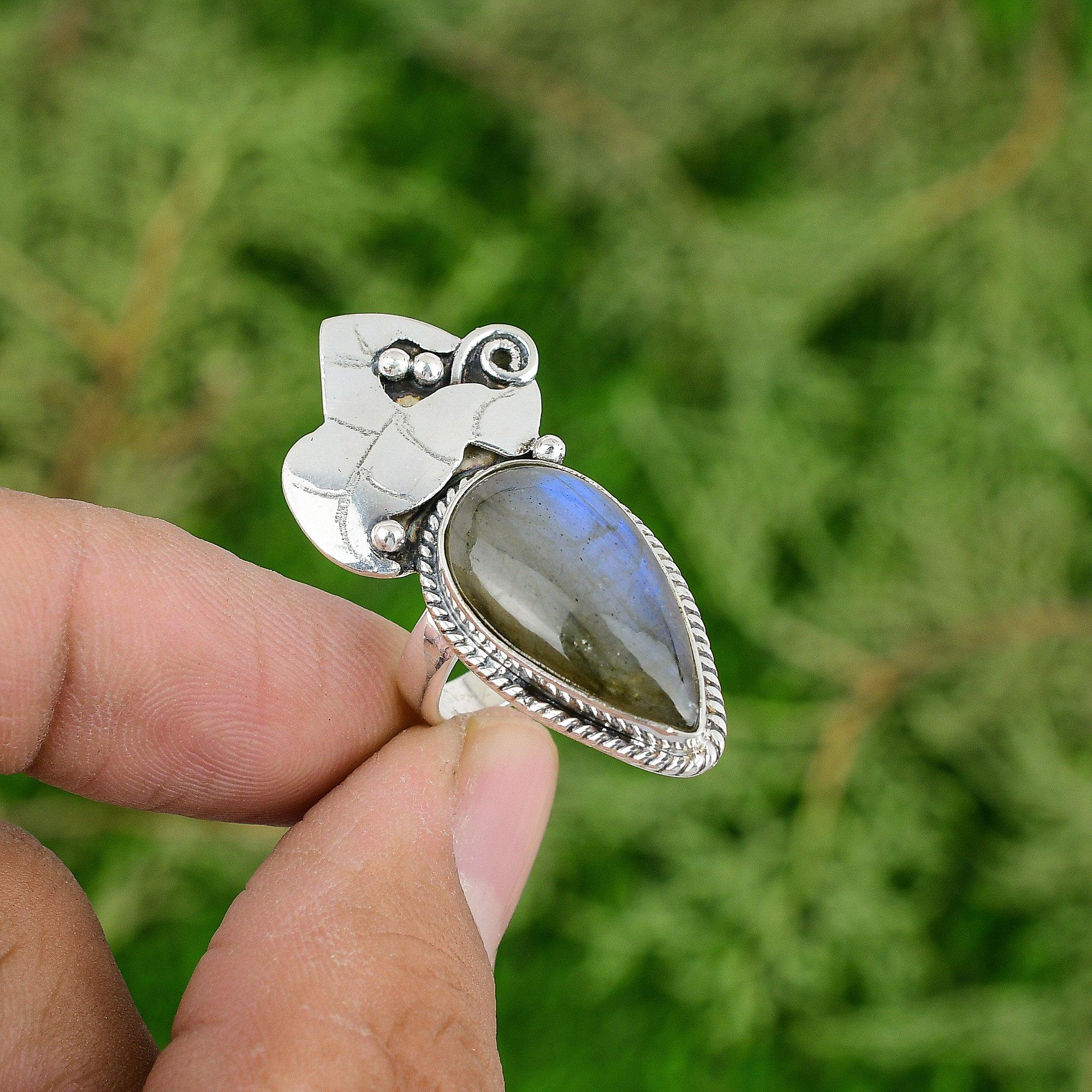 Labradorite Gemstone Sterling Silver Statement Bezel Wife Trendy New Ring US 6.5