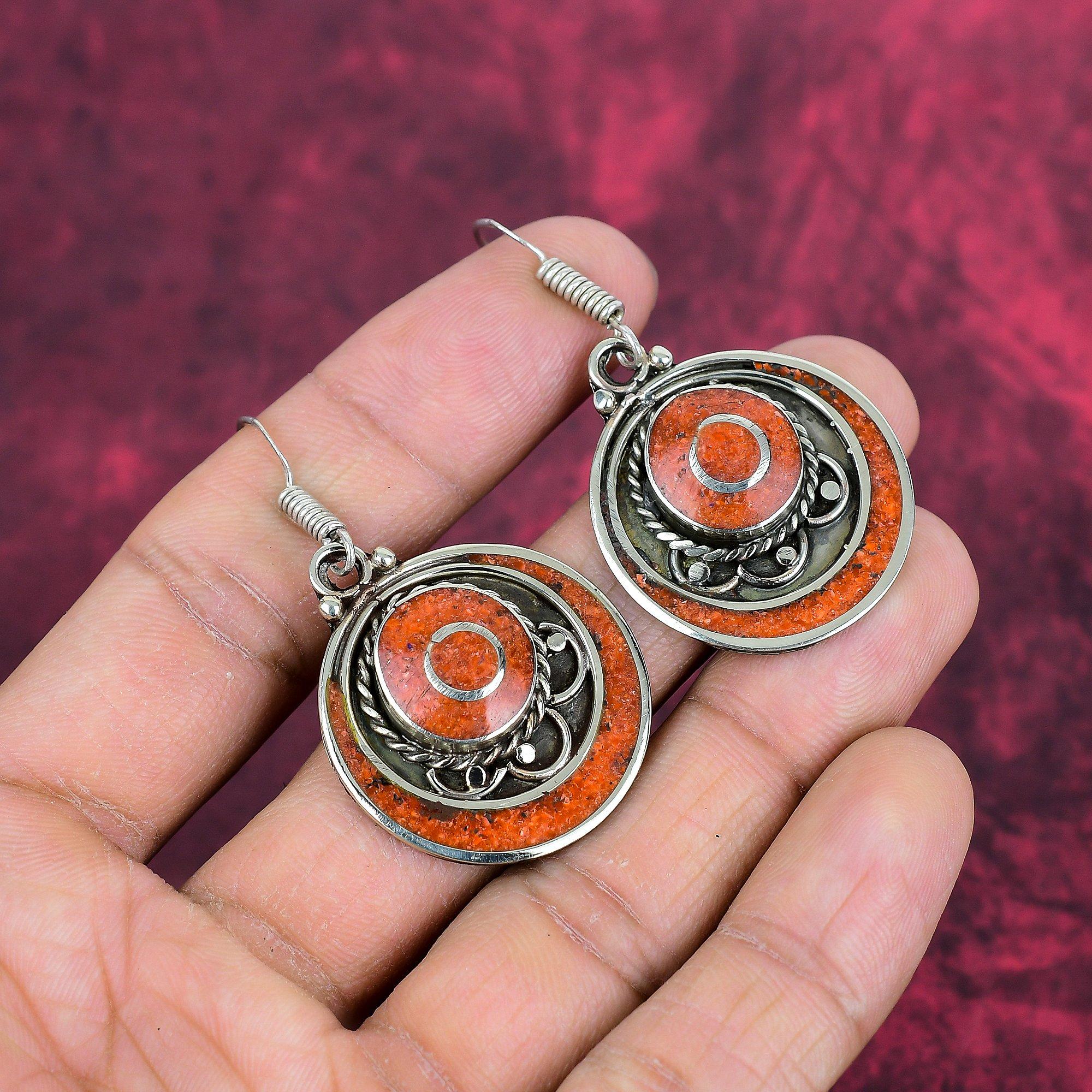 Red Coral Handmade Gemstone Nepali Earrings, 925 Solid Sterling Silver Earrings Antique Jewelry, For Engagement Gift