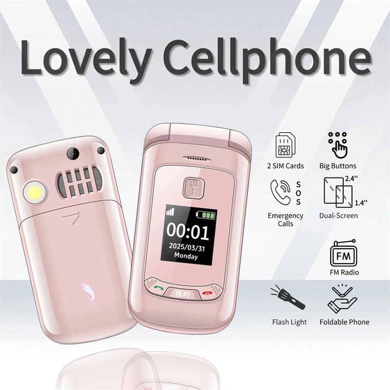 Dual screen Small Senior Flip Phone Spped Dial Big Button Dual Screen Loud Speaker Two Sim Cards Clamshell Mobile SOS Dial Torch Button Phone