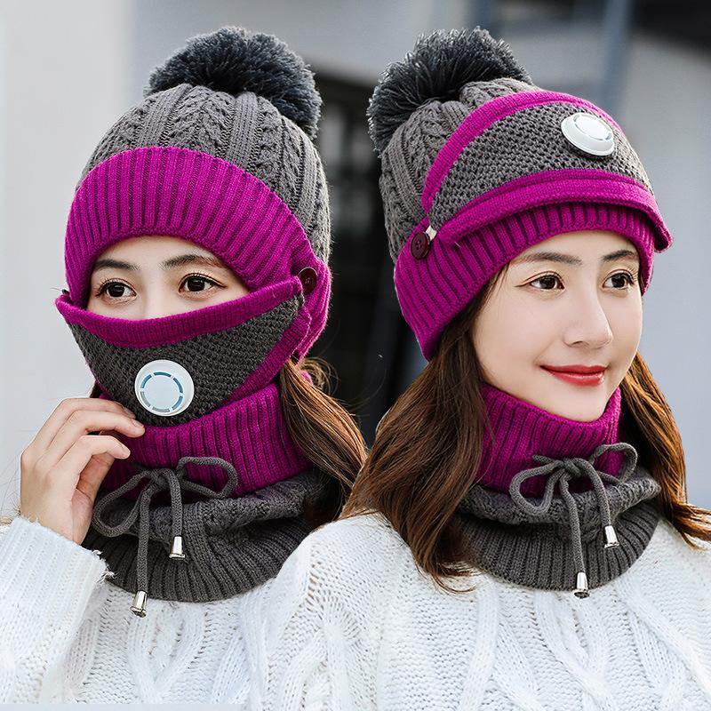 Riding Hat, Ear Protection, Woolen Hat, Mask, Scarf, Knitted, Warm, Three Piece Set, Women's Hat