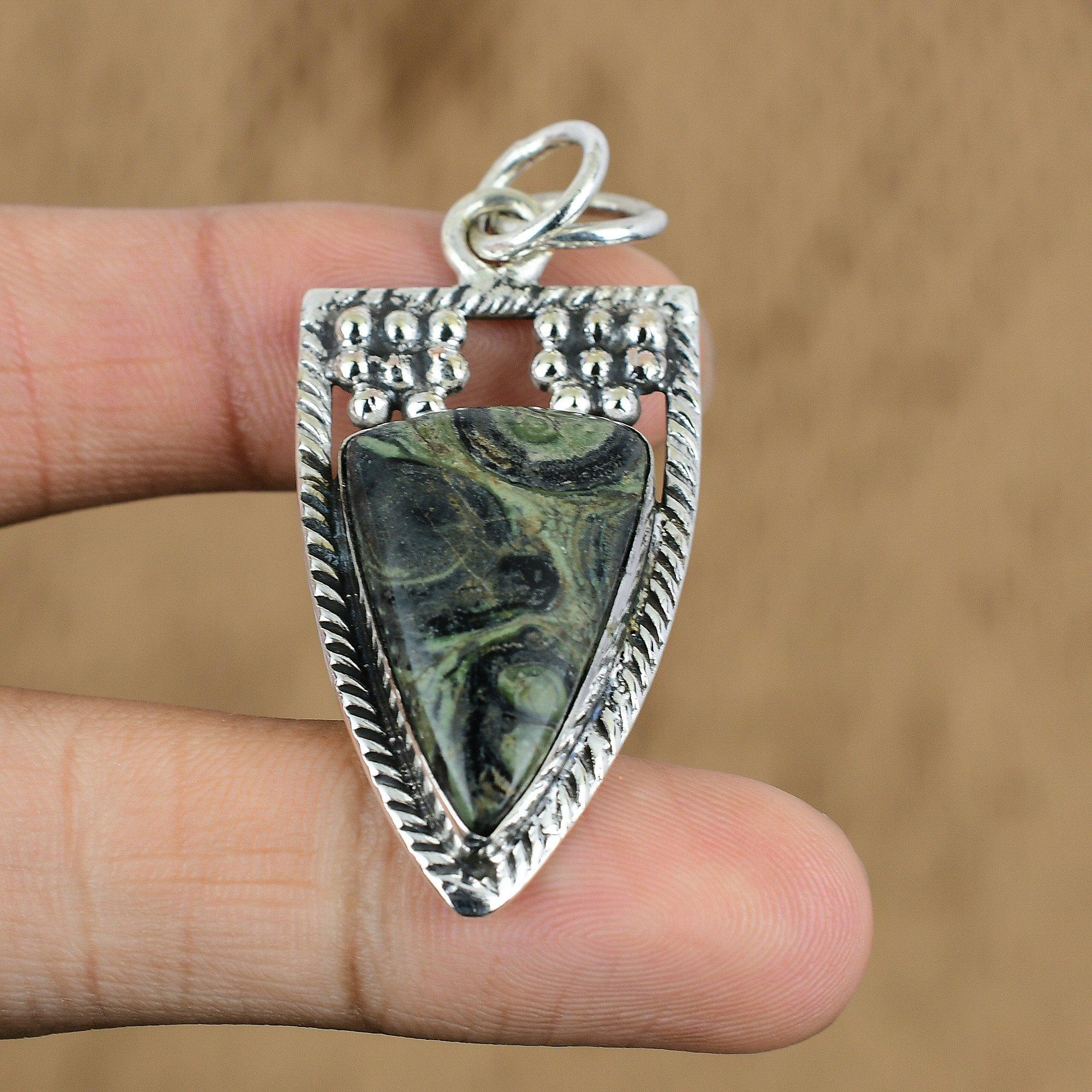 Sterling Silver Trillion Kambaba Jasper Gemstone Ethnic Birthday Pendant Jewelry