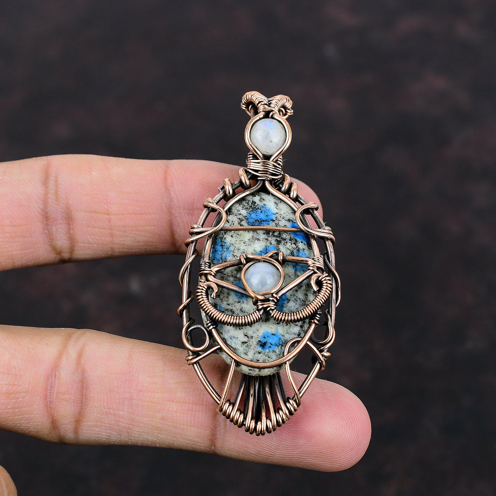 Pingente de jaspe K2 mau olhado, fio de cobre enrolado, pingente de pedra preciosa, joia de cobre, pingente de pedra da lua arco-íris, pingente feito à mão para presente