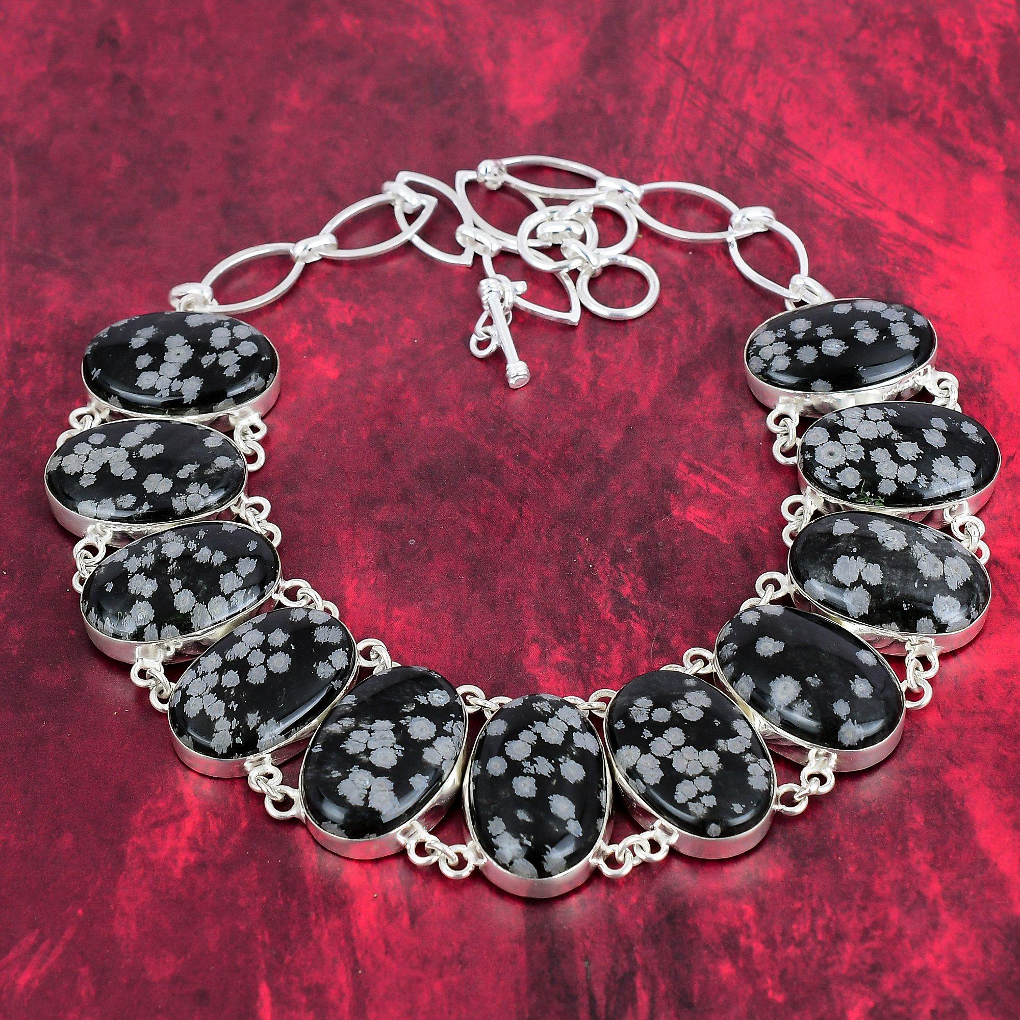 Snowflake Obsidian Necklace, 925 Solid Sterling Silver Gemstone Handmade Dainty Jewelry Necklace, Adjustable Chain Necklace Gift For Her
