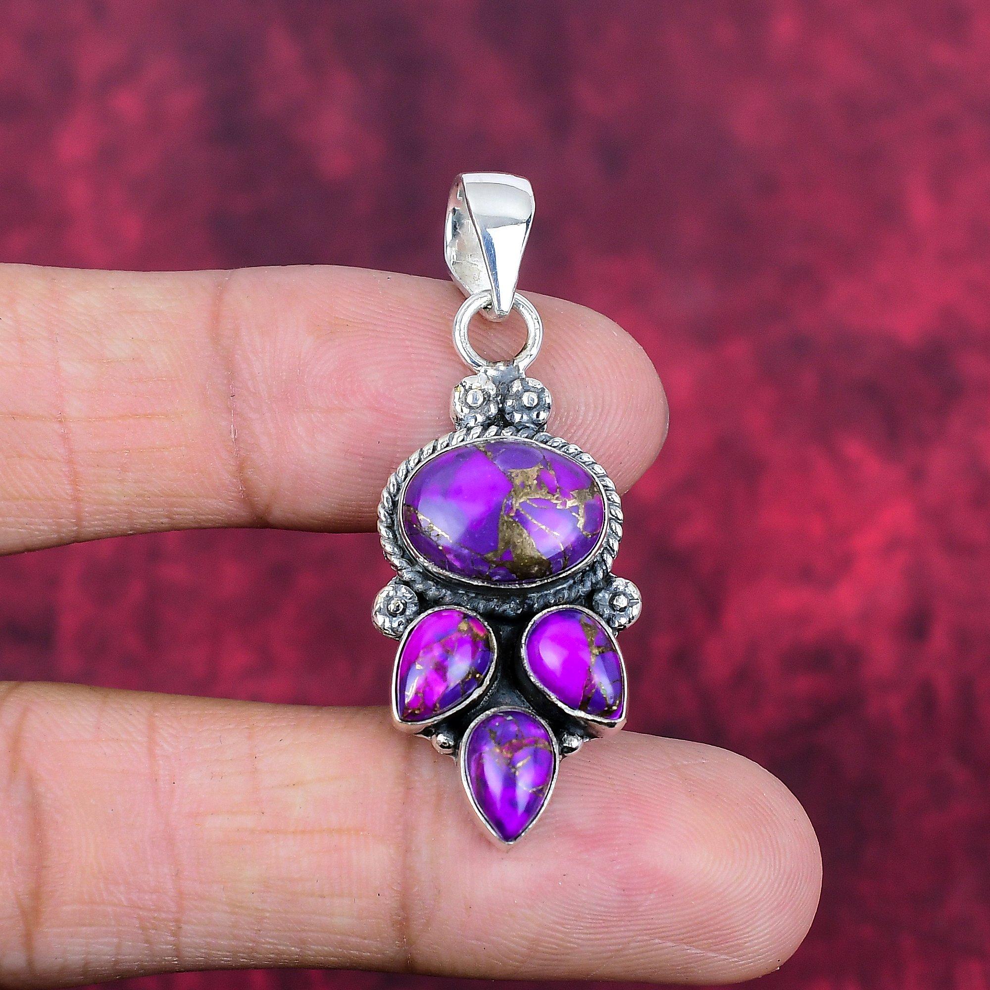Pingente de turquesa de cobre roxo, joias de prata esterlina sólida 925, pingente de pedra preciosa, presente para ela, joias delicadas feitas à mão