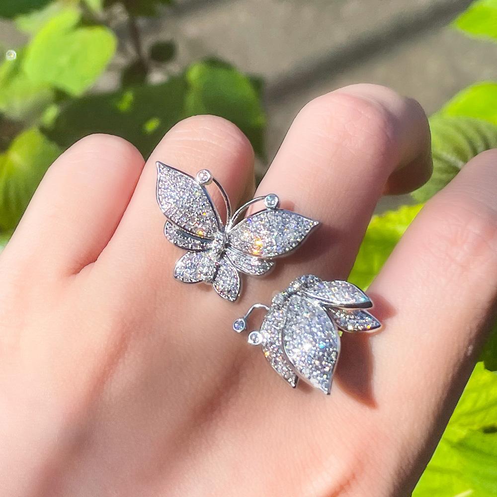 CMM Jewelry Micro Inlay Cubic Zirconia Open Cuff Adjustable Butterfly Rings for Women