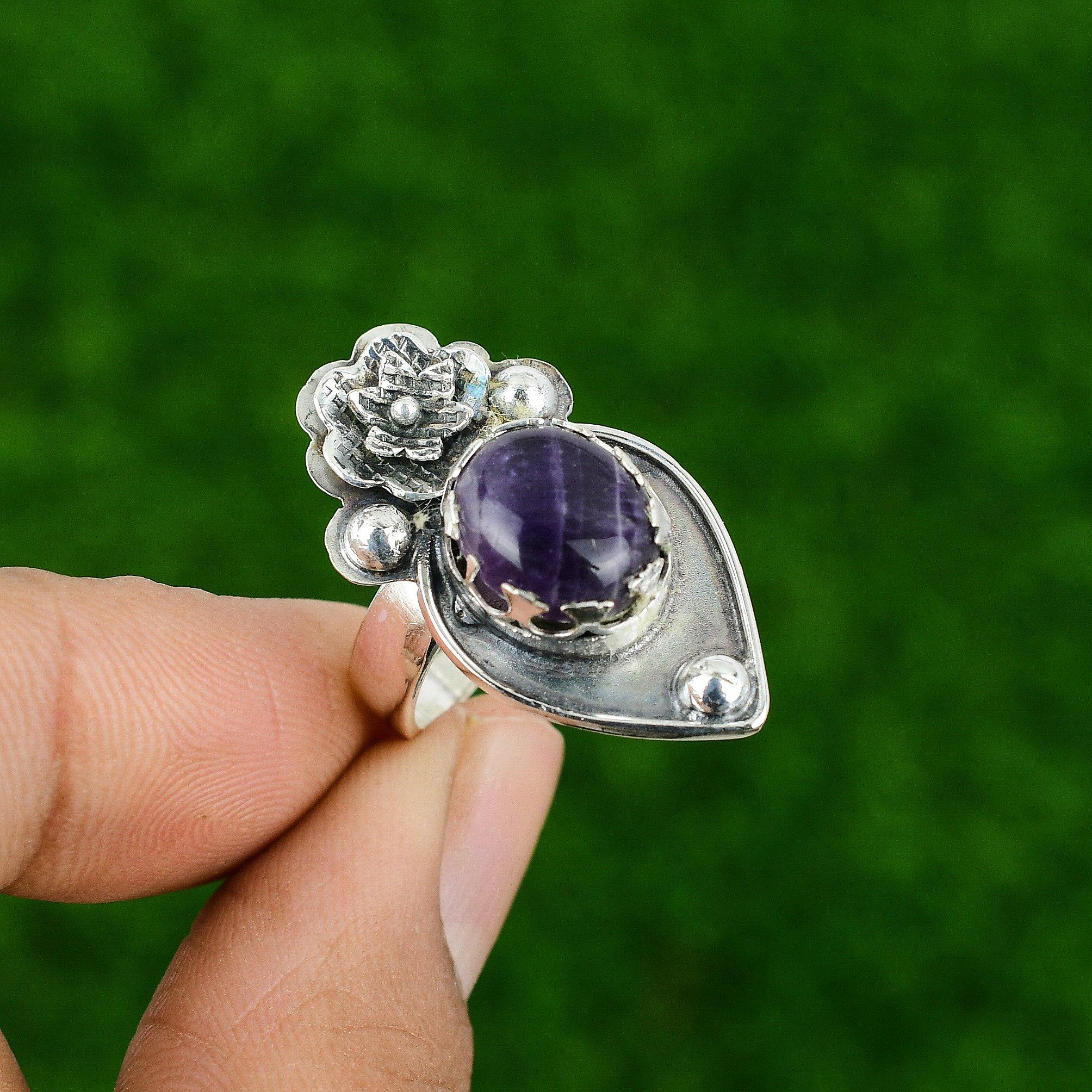 Natural Chevron Amethyst Promise Flower Adjustable Ring 925 Silver For Girls