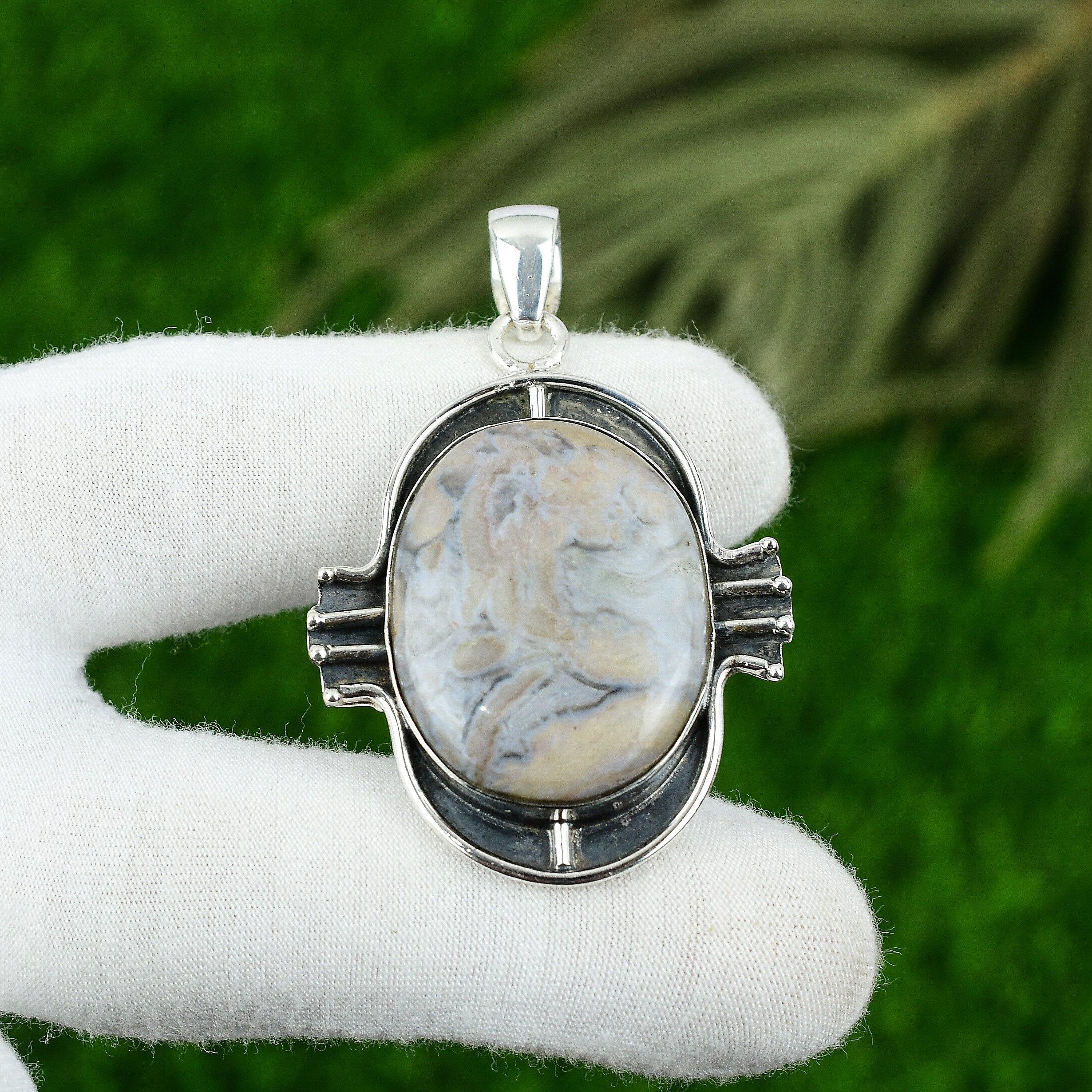 925 Silver Oval Ocean Fume Agate Stone Mother Wedding Unique New Pendant Jewelry