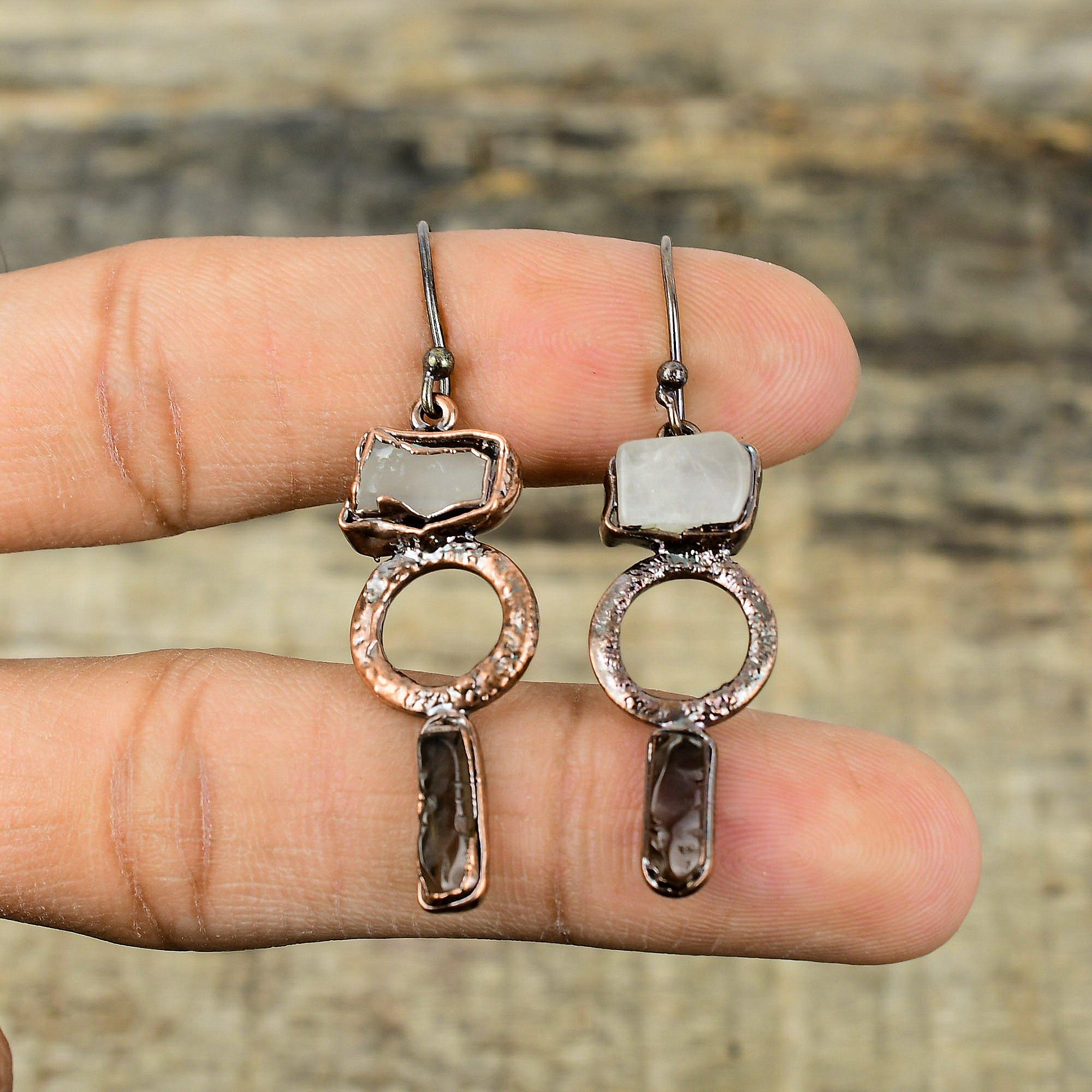 Rainbow Moonstone Rough Earring Electroformed Copper Earrings Smoky Quartz Gemstone Jewelry Handmade Earring Electroformed Copper Jewelry